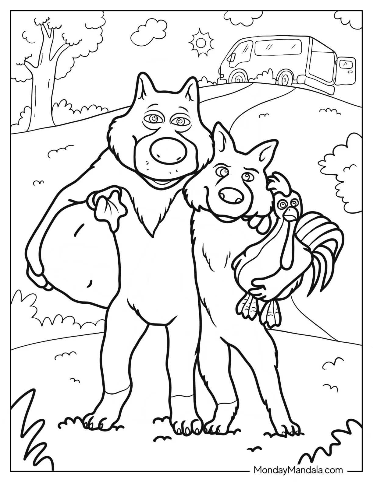 Masha And The Bear Coloring Page Of Silly Wolf And Sly Wolf Holding Chicken coloring page
