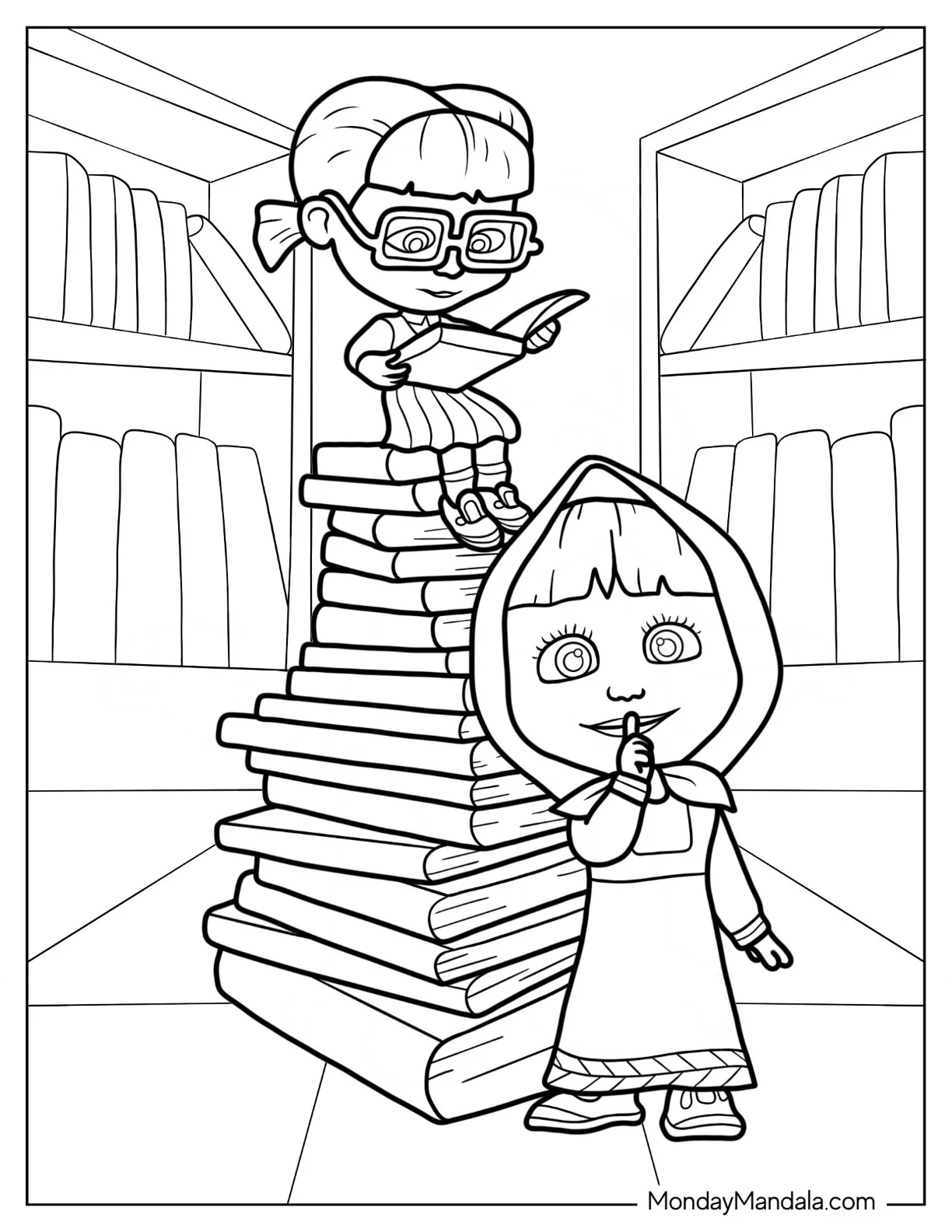 Masha And The Bear Coloring Page With Finger Over Lips While Dasha Reads A Book coloring page