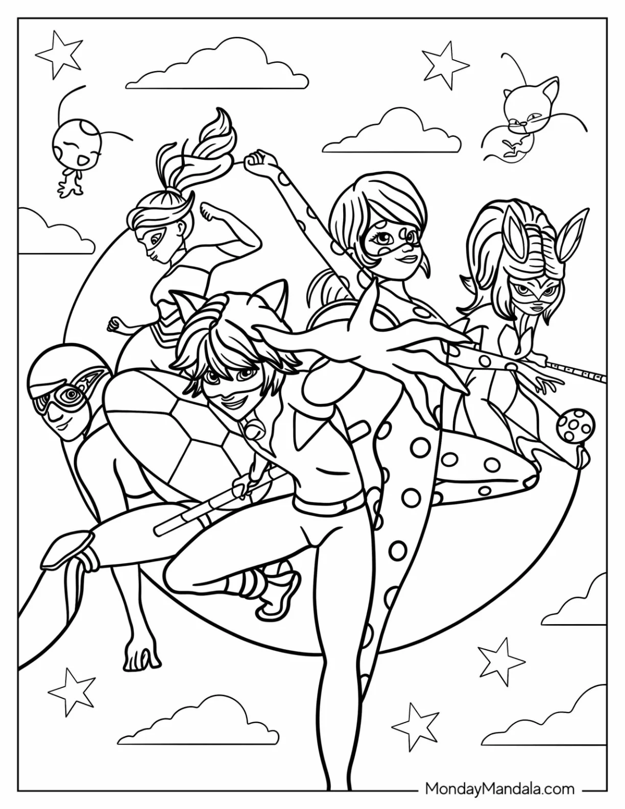 Cat Noir, Rena Rouge, Queen Bee, Carapace, And Miraculous Ladybug Coloring Page coloring page