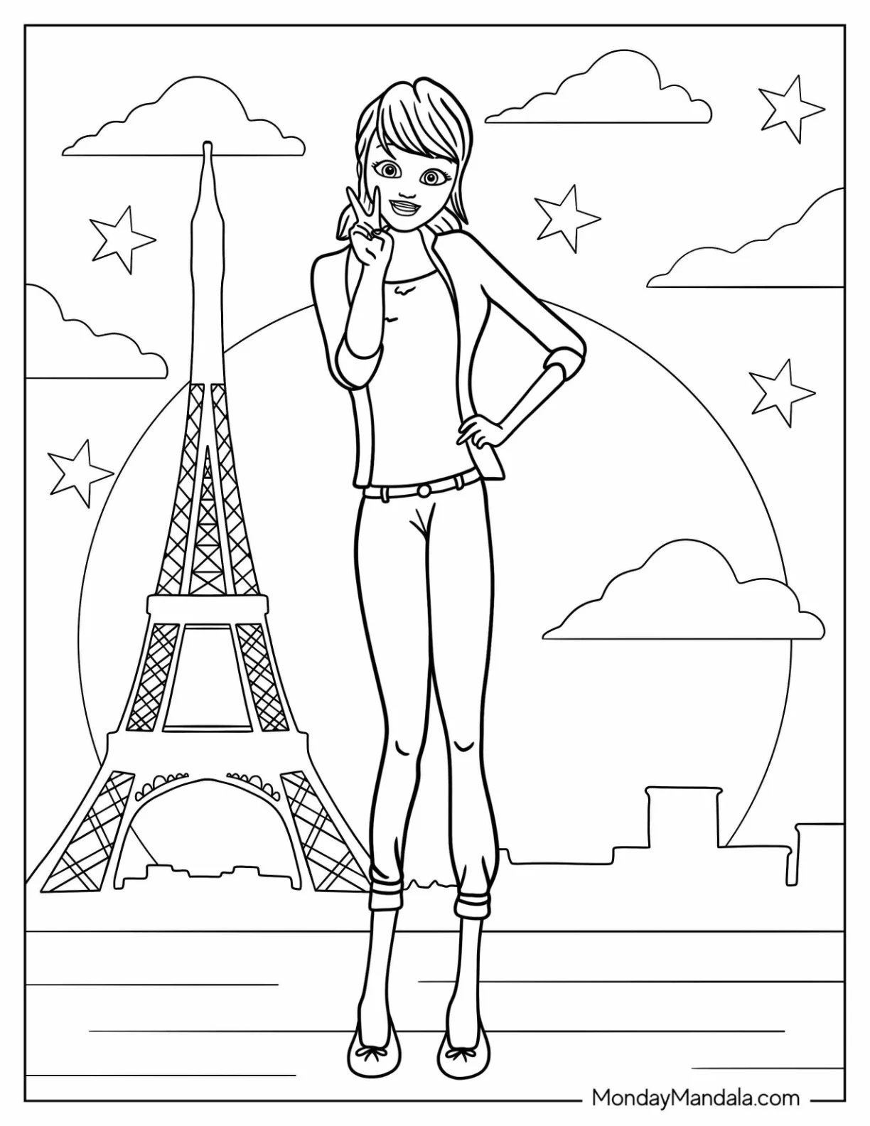 Miraculous Ladybug Coloring Page In Front Of Eiffel Tower At Night coloring page