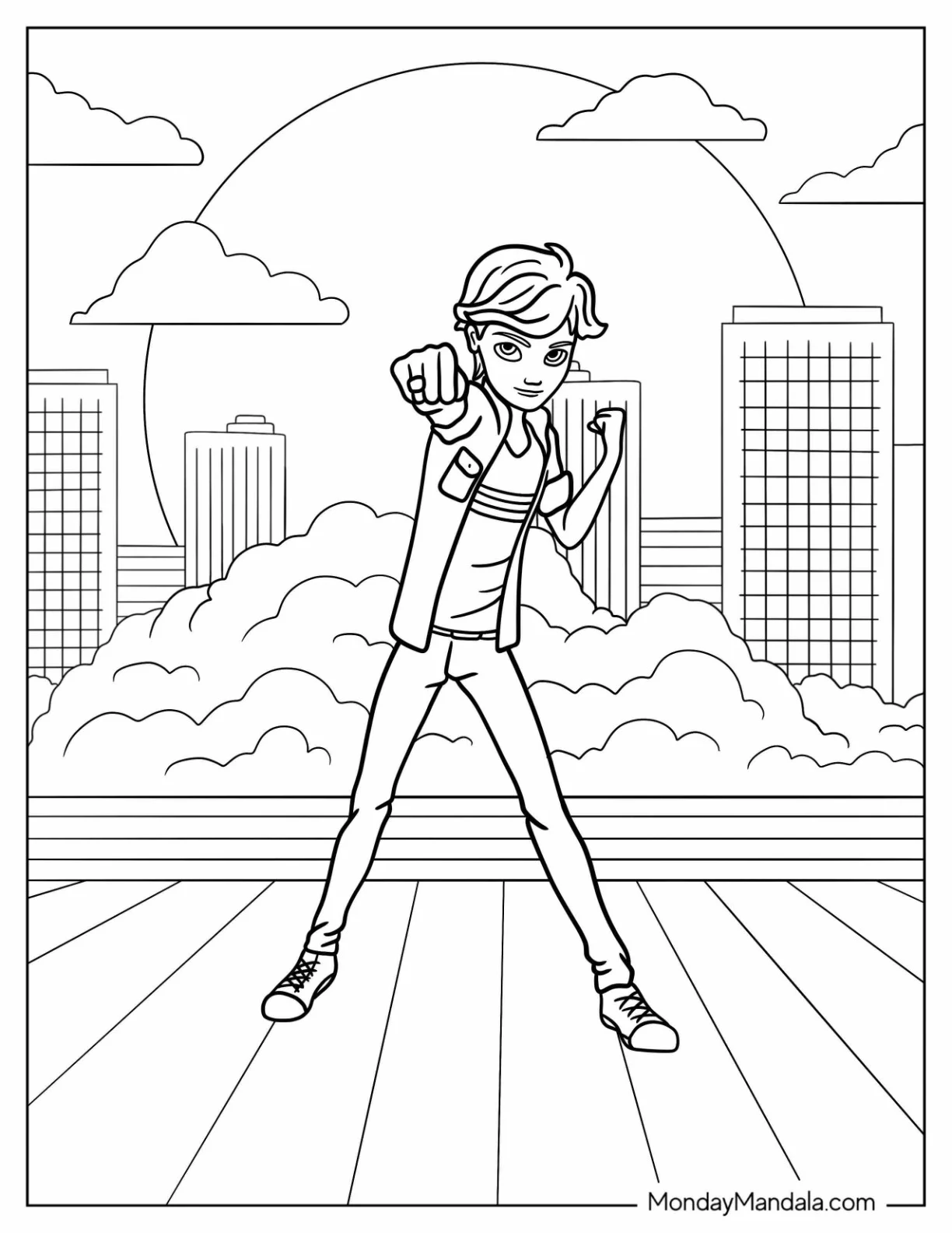 Miraculous Ladybug Coloring Page Of Adrien Agreste Punching The Air coloring page