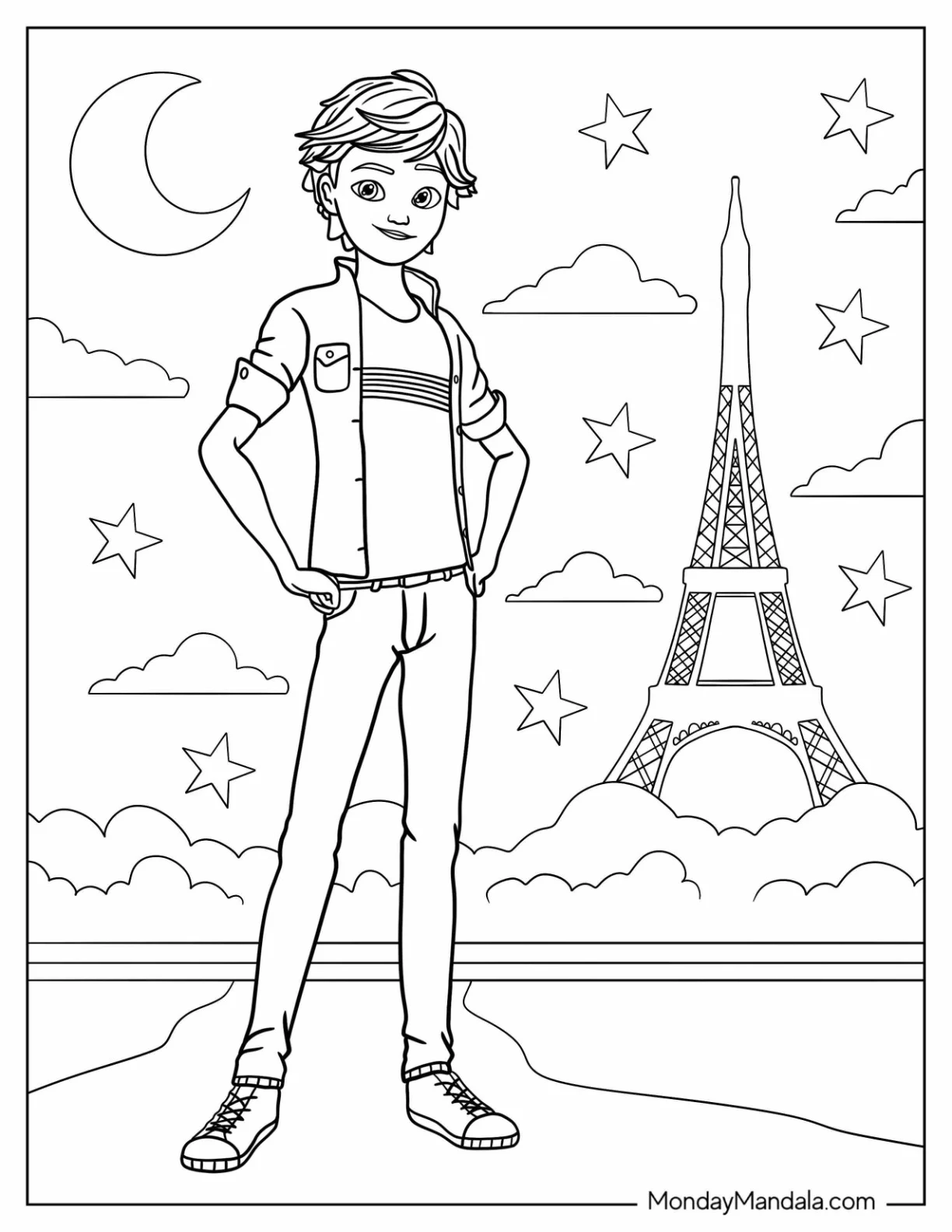 Miraculous Ladybug Coloring Page Of Adrien Agreste Standing In Front Eiffel Tower coloring page