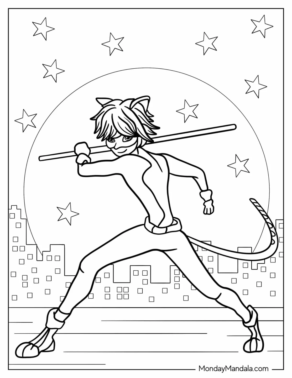 Miraculous Ladybug Coloring Page Of Cat Noir Fighting Using Staff coloring page