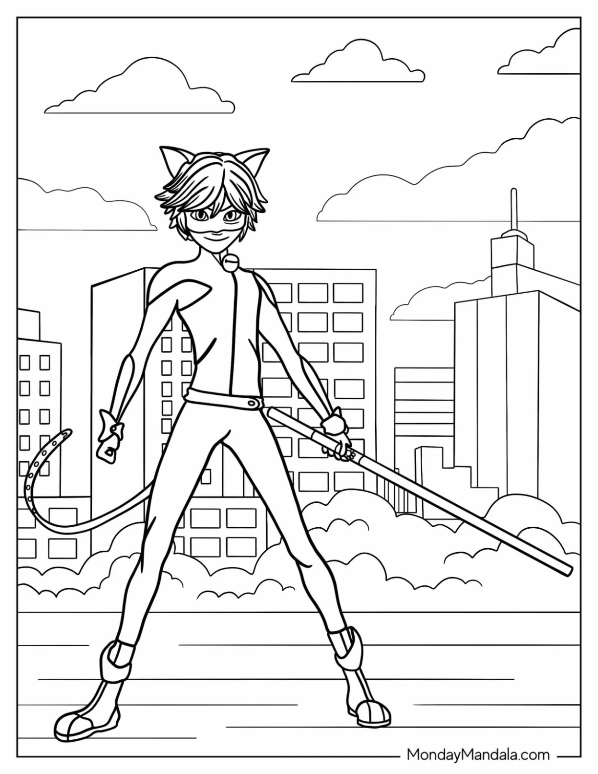 Miraculous Ladybug Coloring Page Of Smiling Cat Noir With Staff coloring page