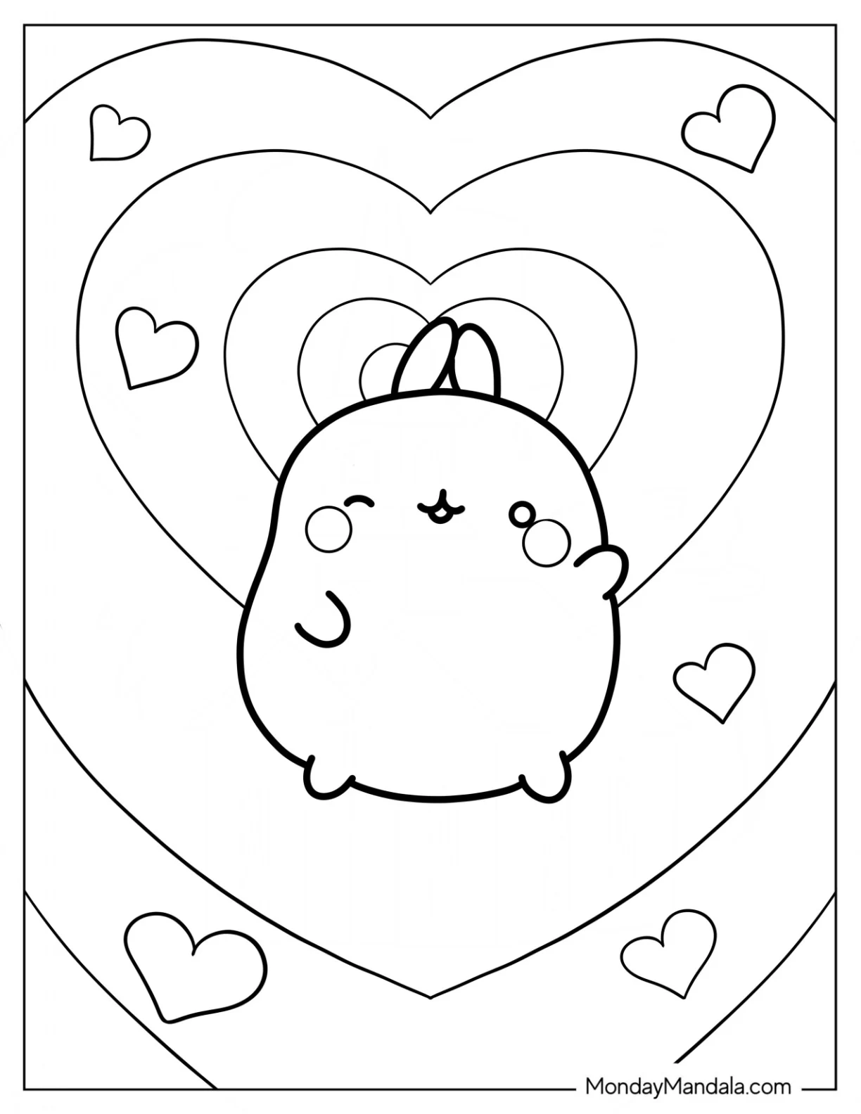 Kawaii Molang Coloring Page With Heart Background For Kids coloring page