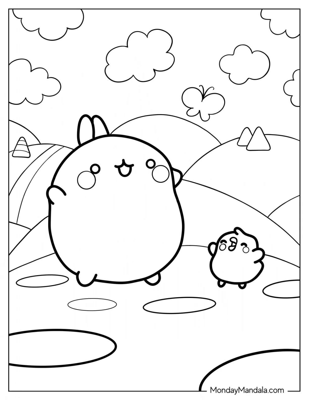 Molang Coloring Page And Piu Piu Cheering On The Hills coloring page