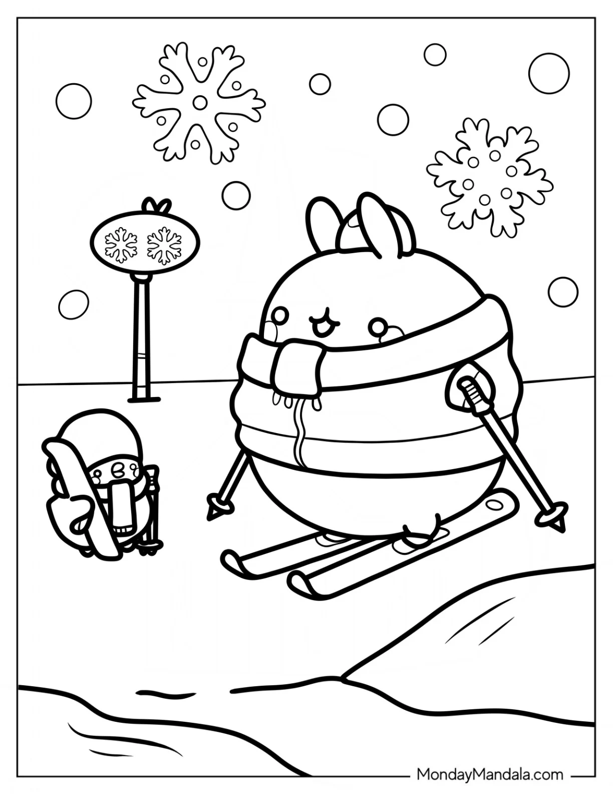 Molang Coloring Page And Piu Piu Skiing In Winter coloring page