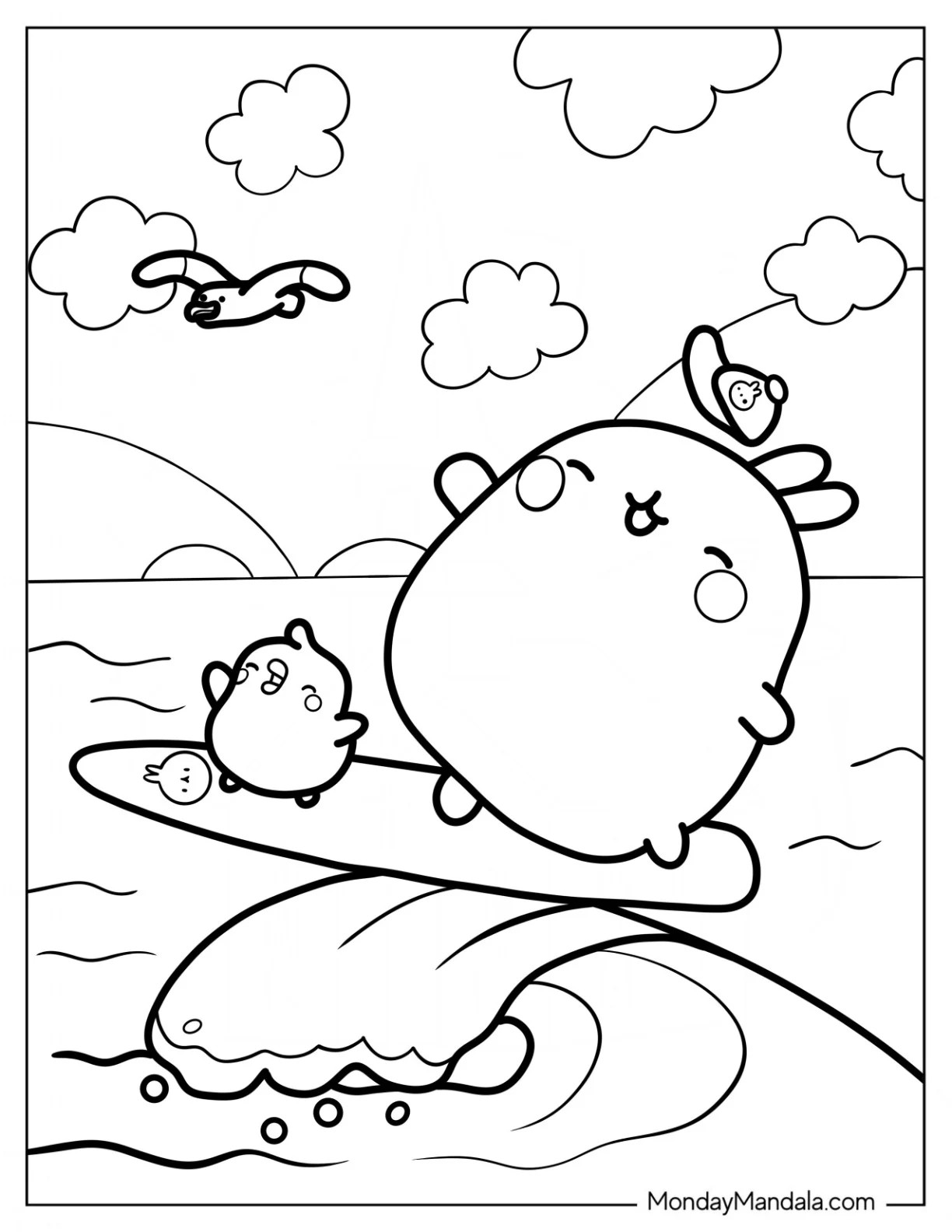 Molang Coloring Page And Piu Piu Surfing For Preschoolers coloring page