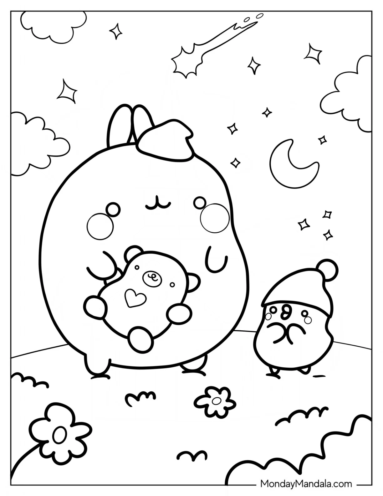 Molang Coloring Page Holding Teddy Bear With Piu Piu At Bedtime coloring page
