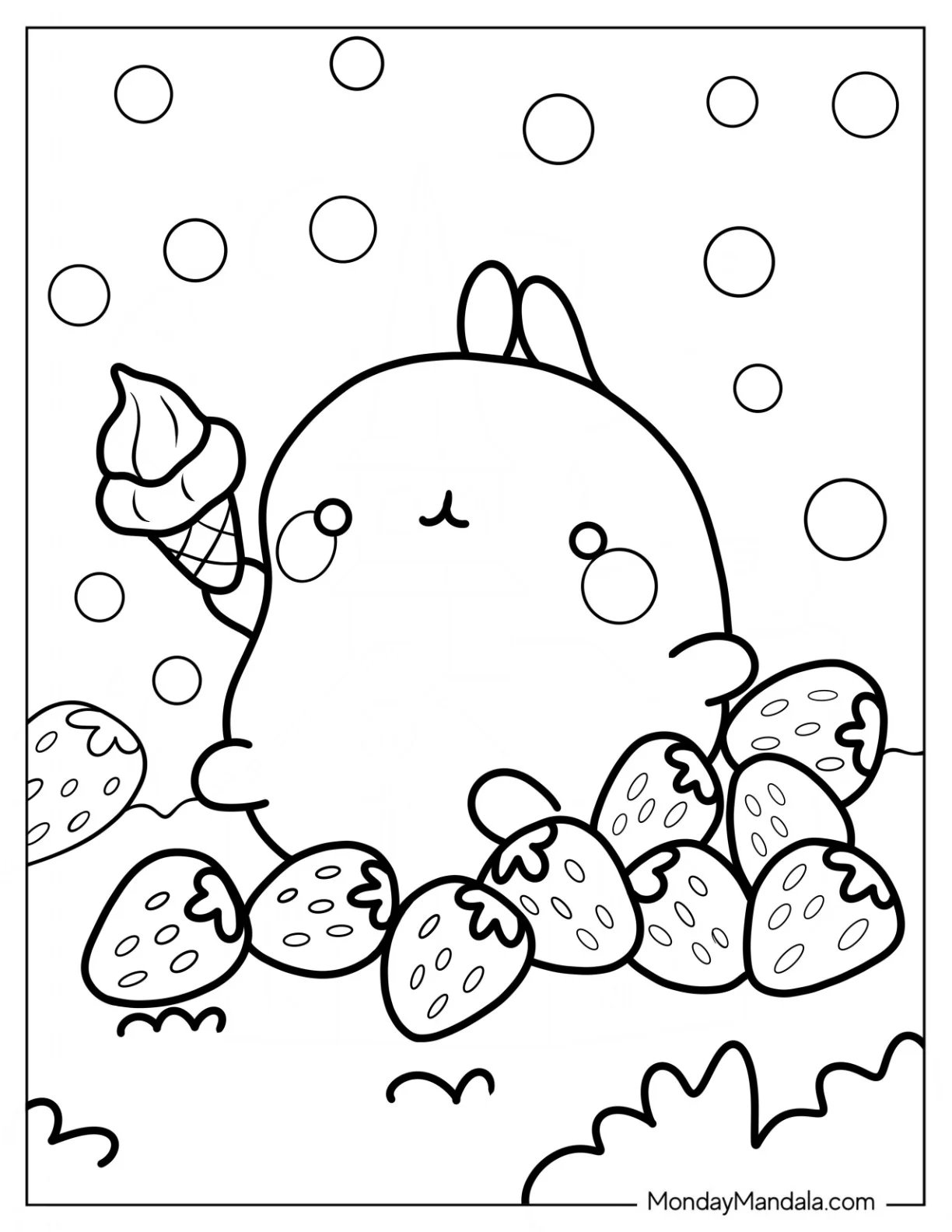 Simple Molang Coloring Page Surrounded By Strawberries For Preschoolers coloring page
