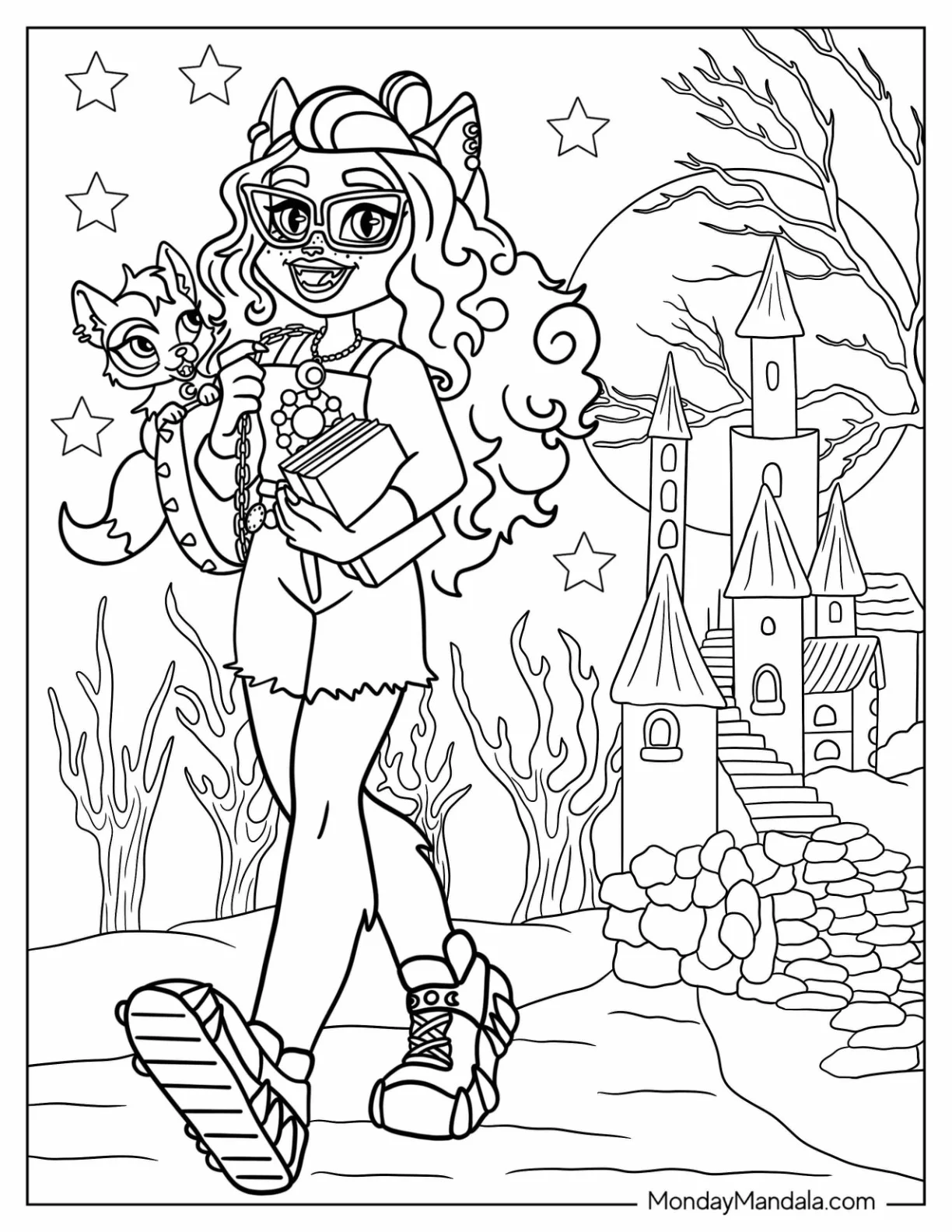 Clawdeen Wolf With Pet Outside Castle Monster High Coloring Page coloring page