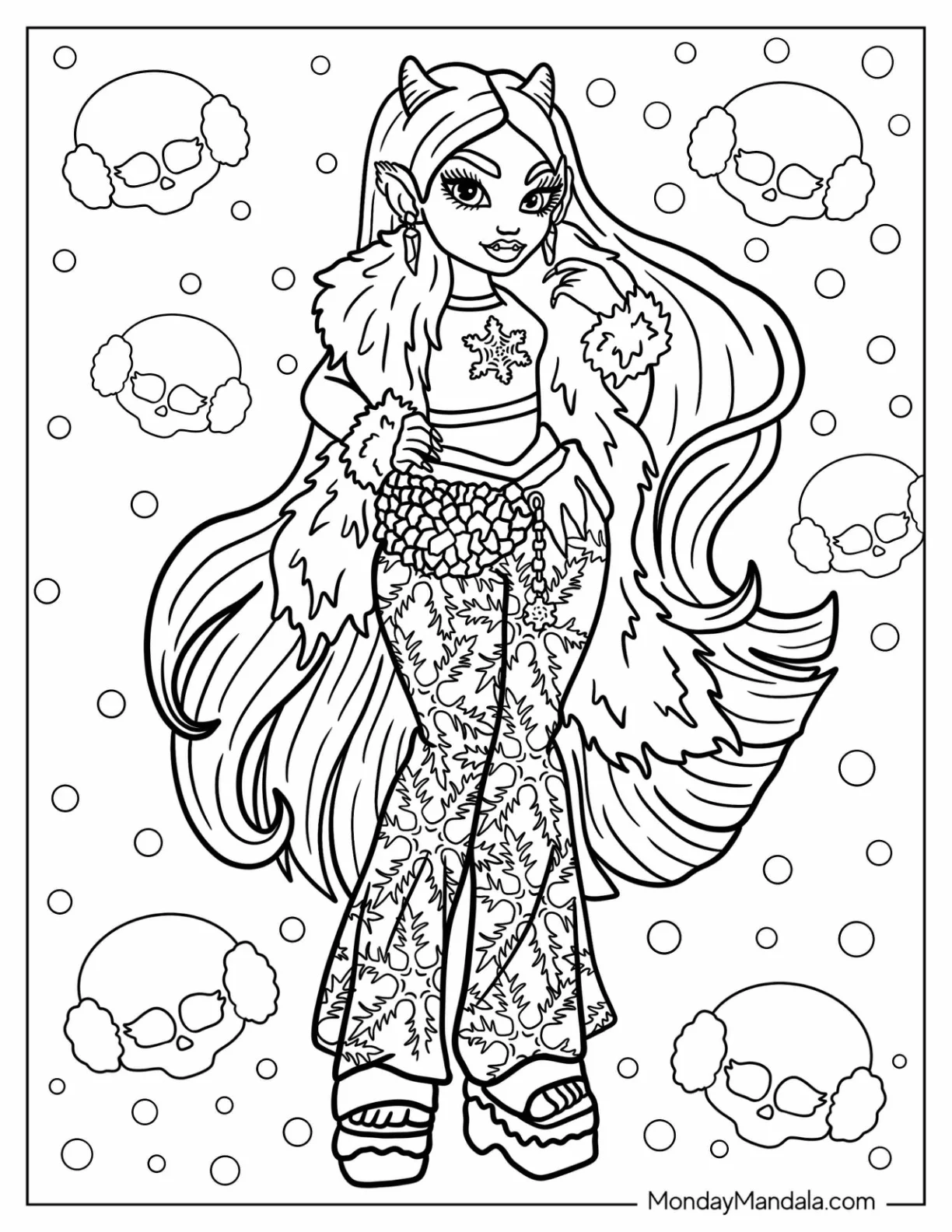 Monster High Coloring Page Of Abbey Bominable Wearing Fur Coat coloring page