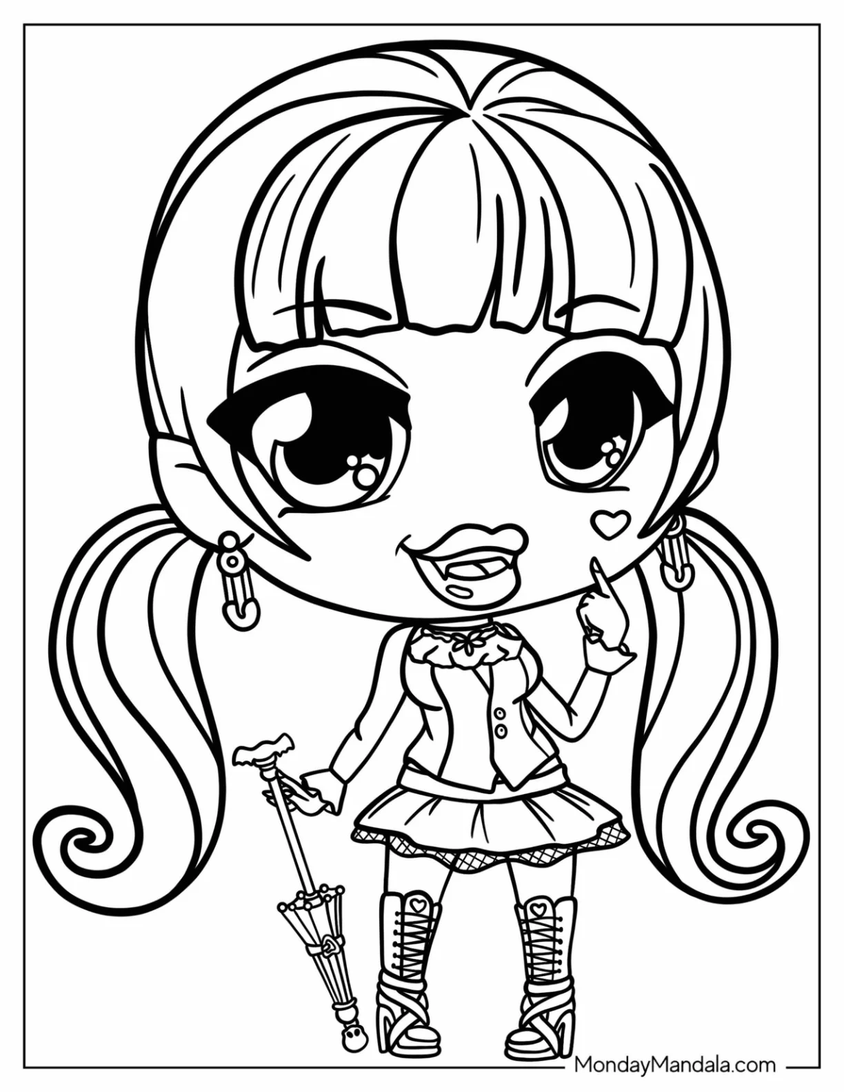 Monster High Coloring Page Of Chibi Draculaura With Cane coloring page