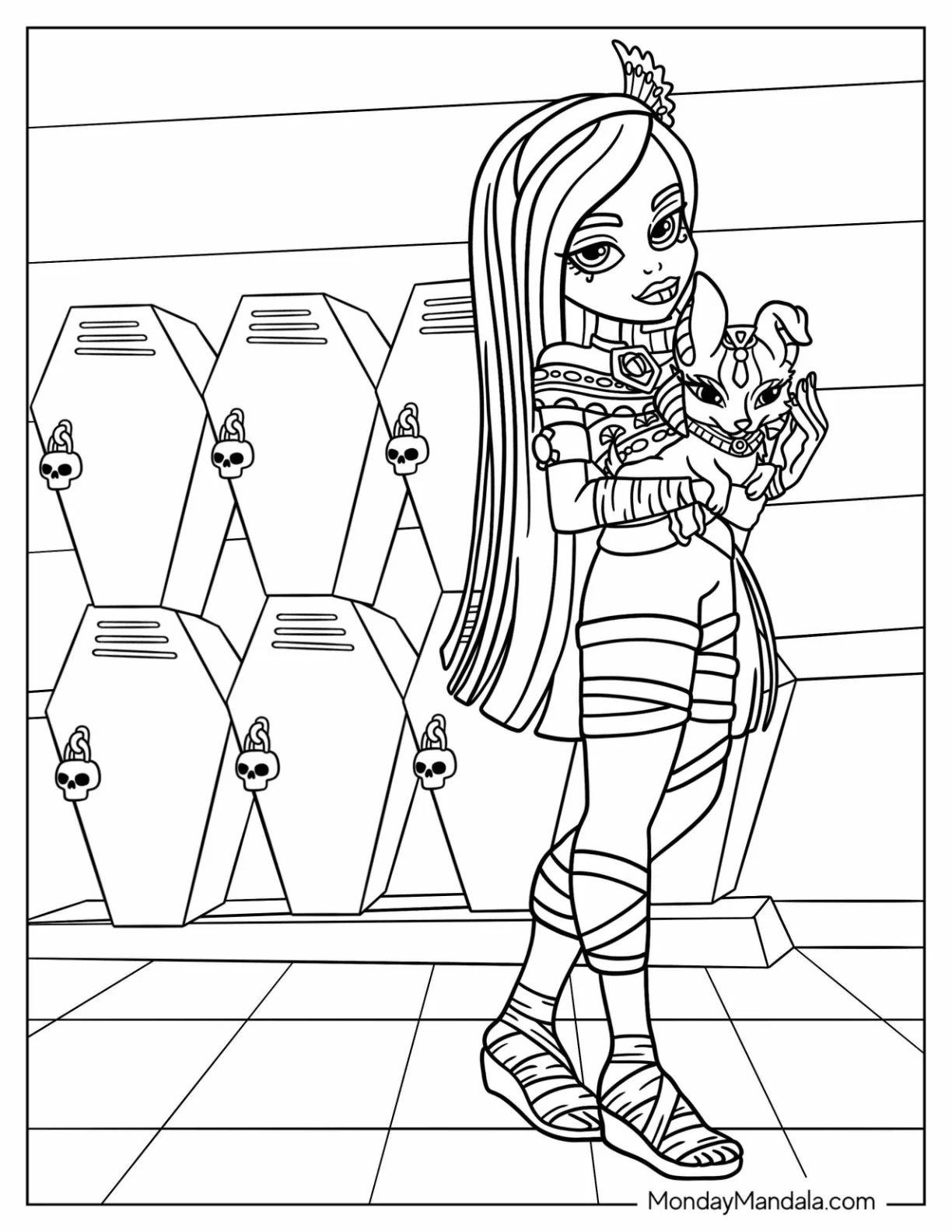 Monster High Coloring Page Of Cleo de Nile Holding Cat coloring page — printable line art