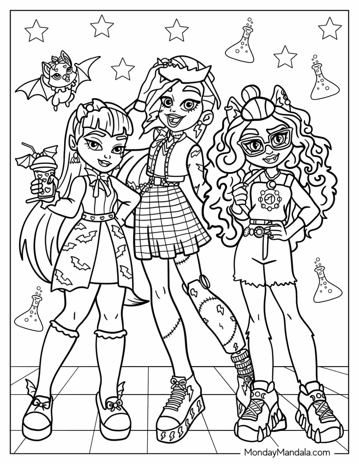 Monster High Coloring Page Of Detailed Monster High Draculaura, Frankie Stein, And Clawdeen Wolf coloring page