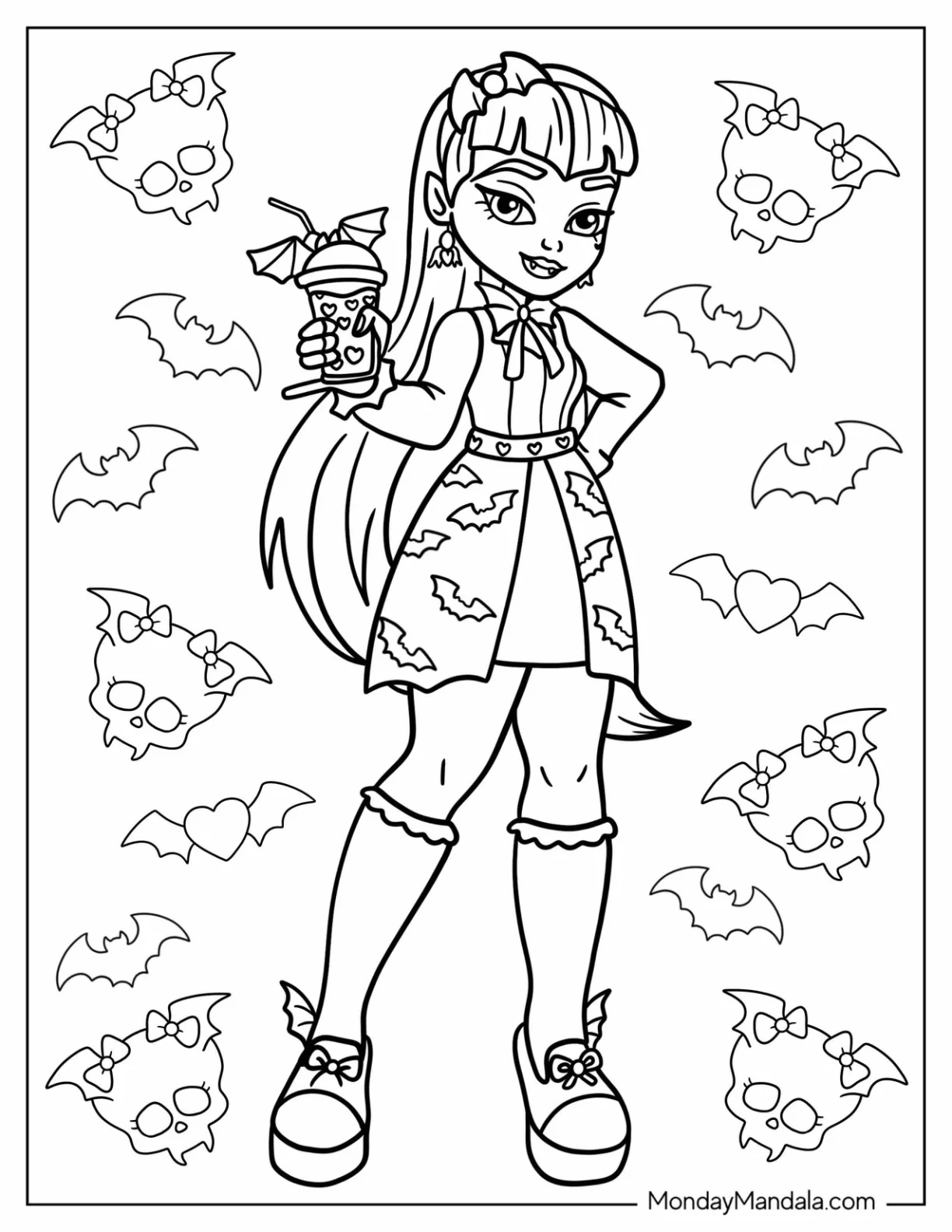 Monster High Coloring Page Of Draculaura Holding Drink For Kids coloring page