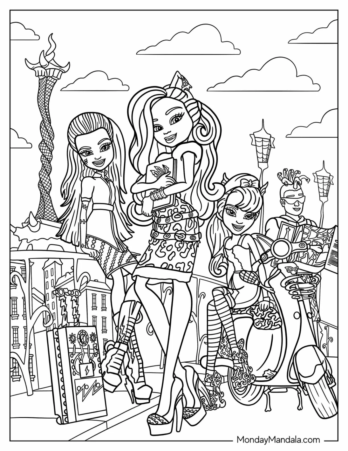 Monster High Coloring Page Of Frankie Stein, Clawdeen, Catrine DeMew, And Deuce Gorgon coloring page