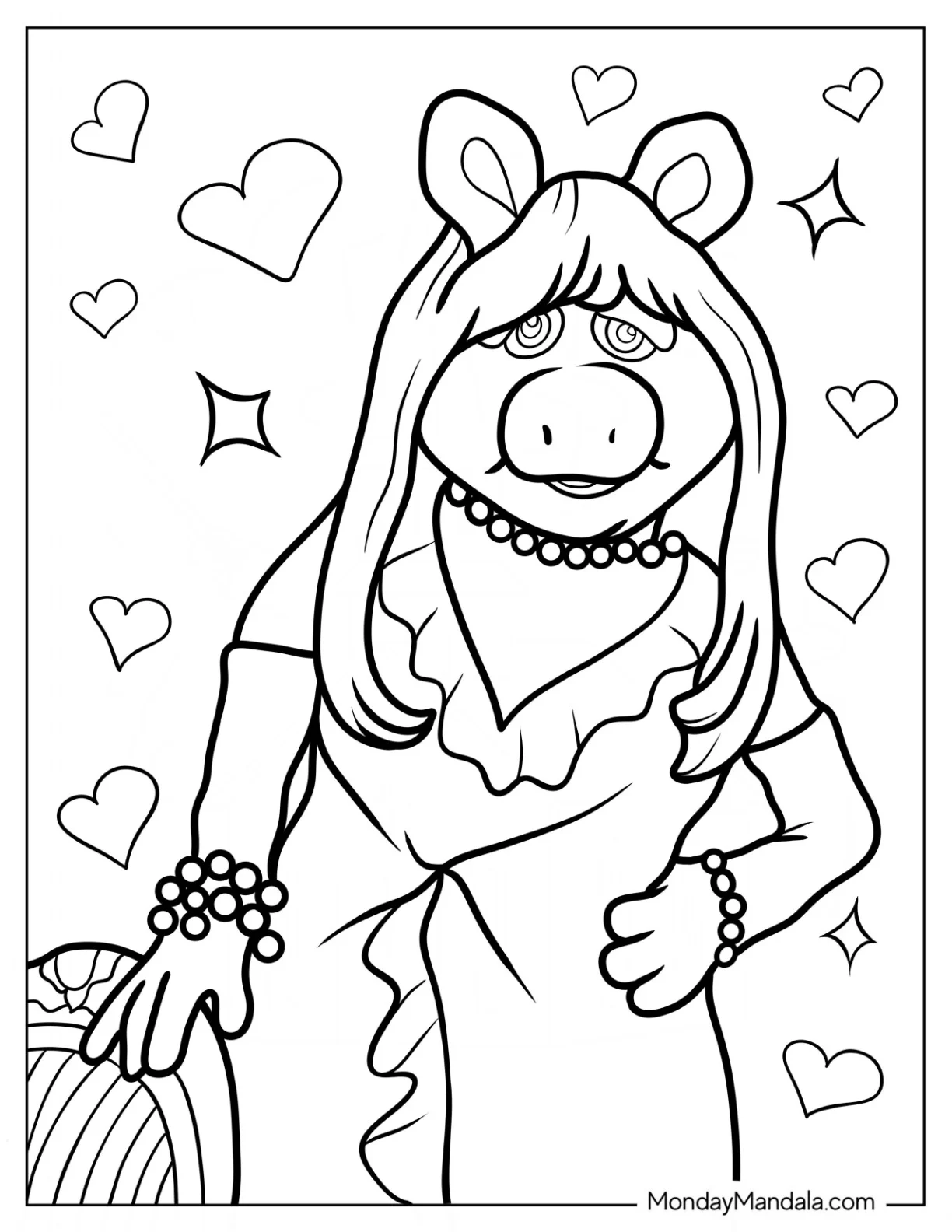 Muppets Coloring Page Of Miss Piggy In Pearls And Dress coloring page