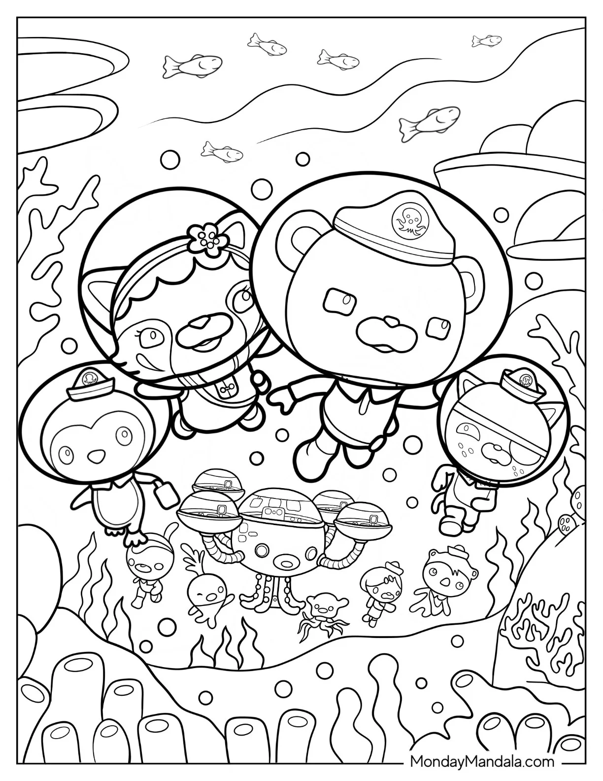 Octonauts Coloring Page Of Captain Barnacles, Min, Peso Penguin, and Kwazii Underwater coloring page