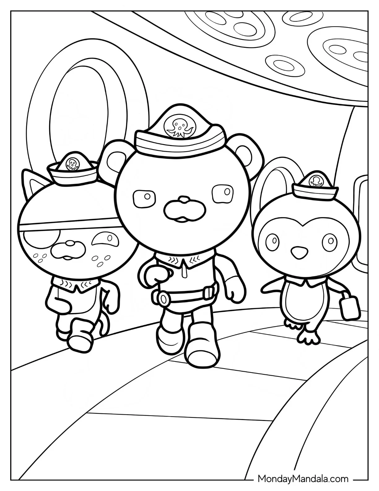 Octonauts Coloring Page Of Captain Barnacles, Peso Penguin, And Kwazii Walking coloring page