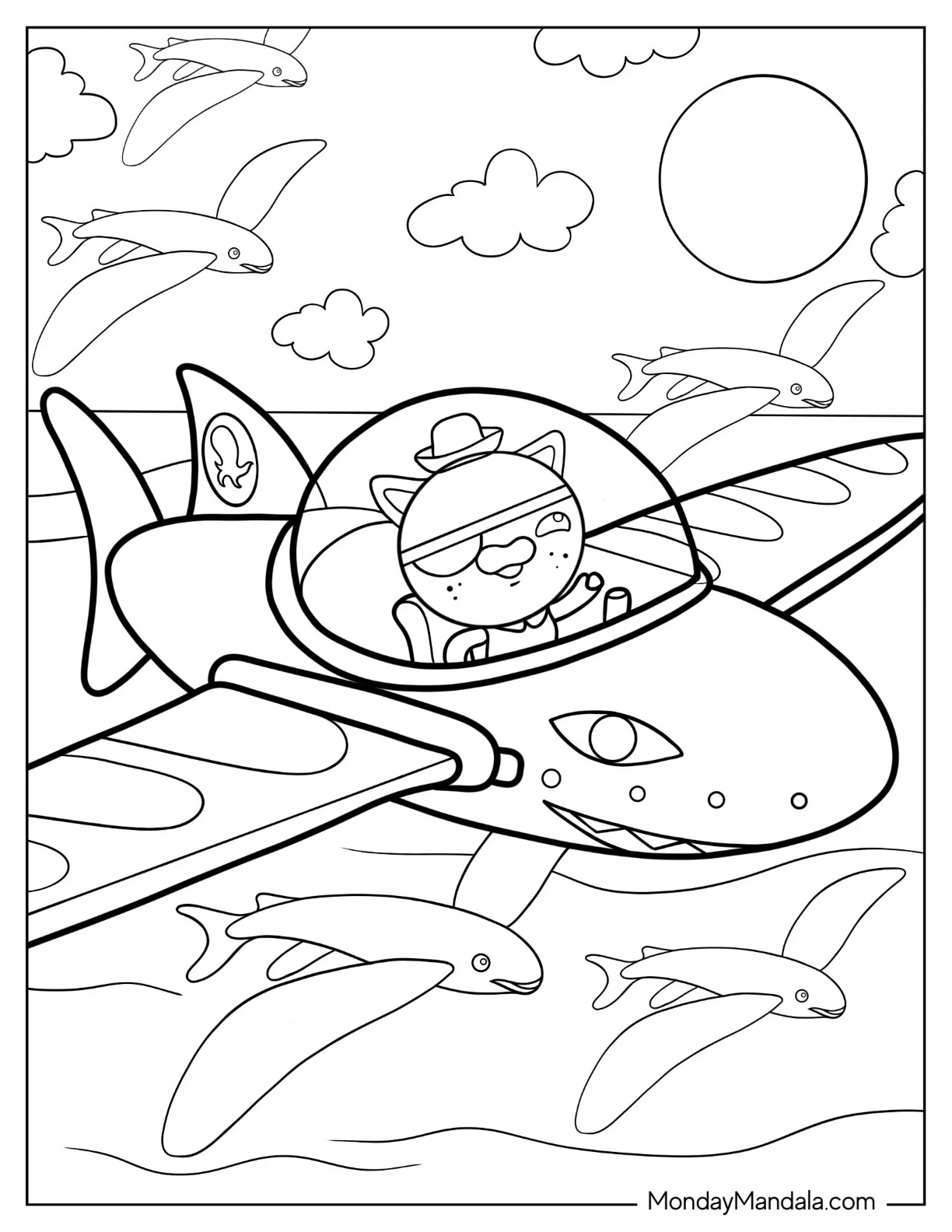 Octonauts Coloring Page Of Kwazii Riding Shark Ship Over The Ocean coloring page