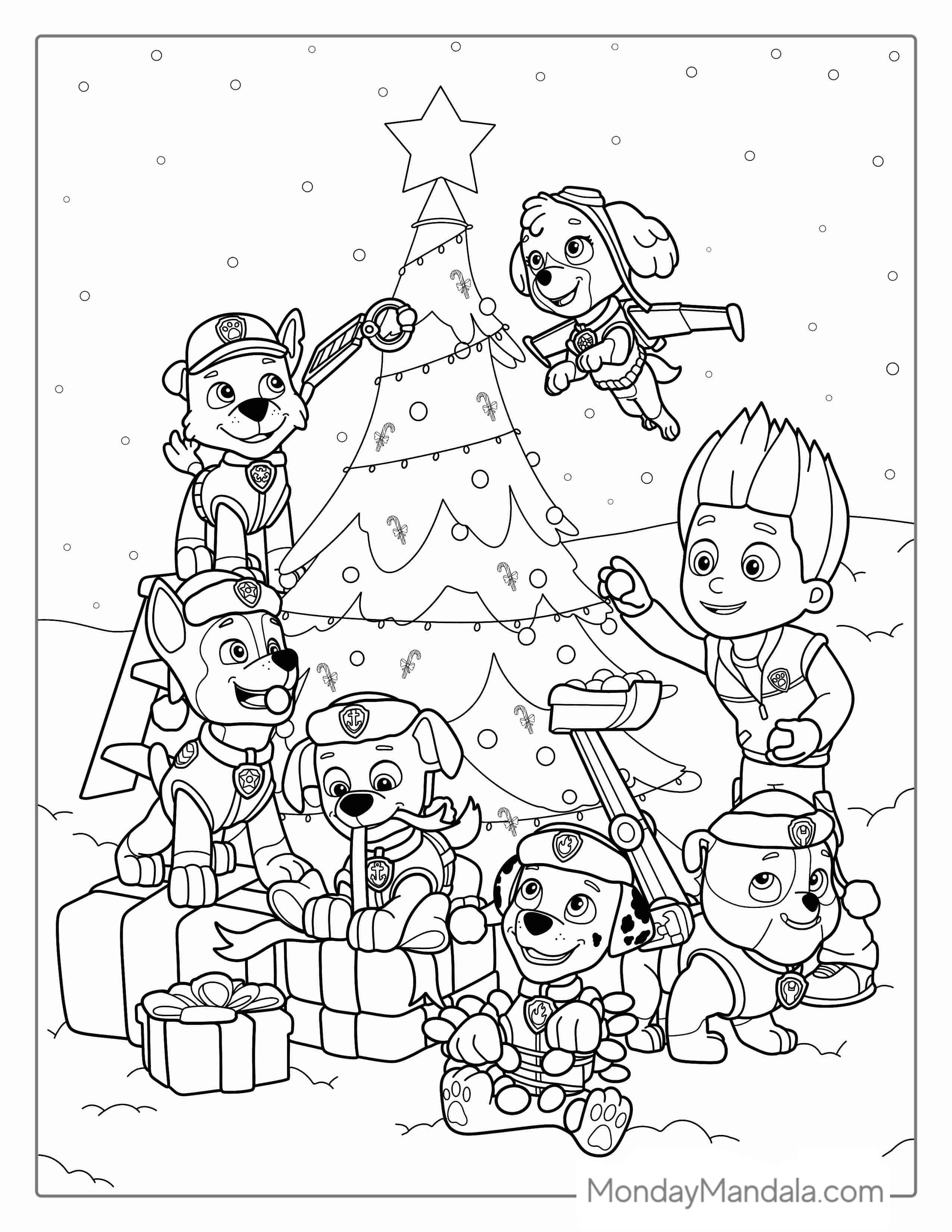 Paw Patrol Dog Around Christmas Tree To Color coloring page