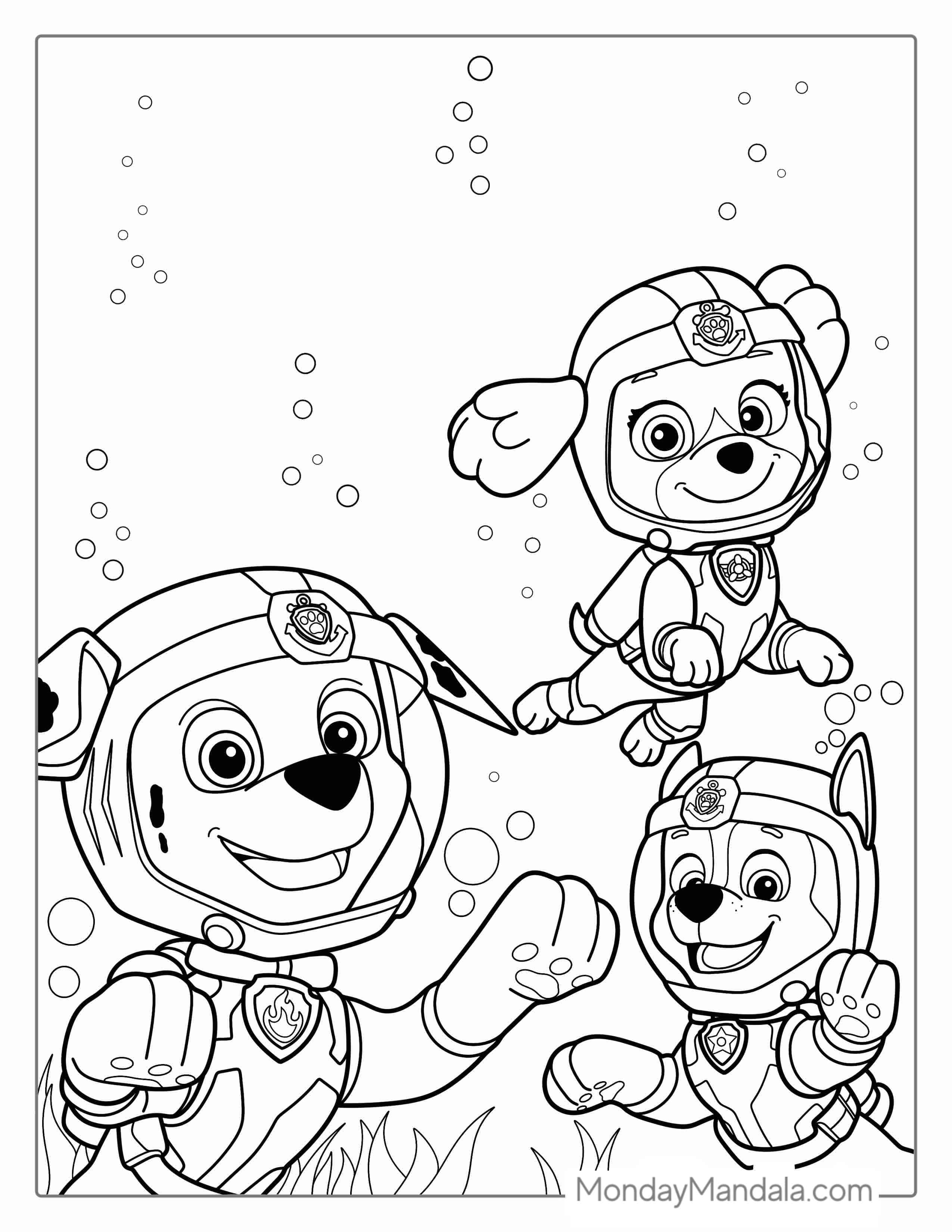 Paw Patrol Dogs Scuba Diving Coloring Page coloring page