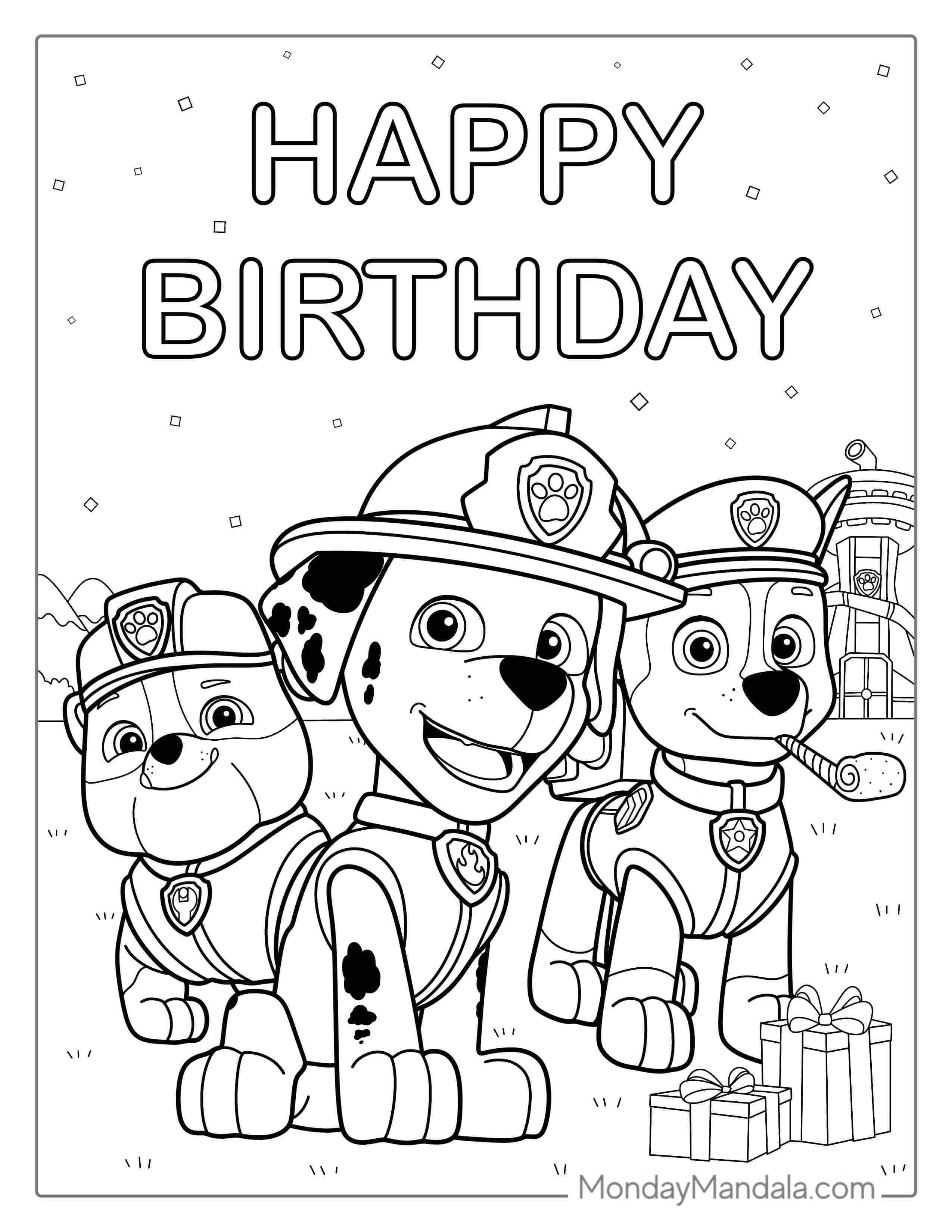 Paw Patrol Happy Birthday Coloring Page For Parties coloring page