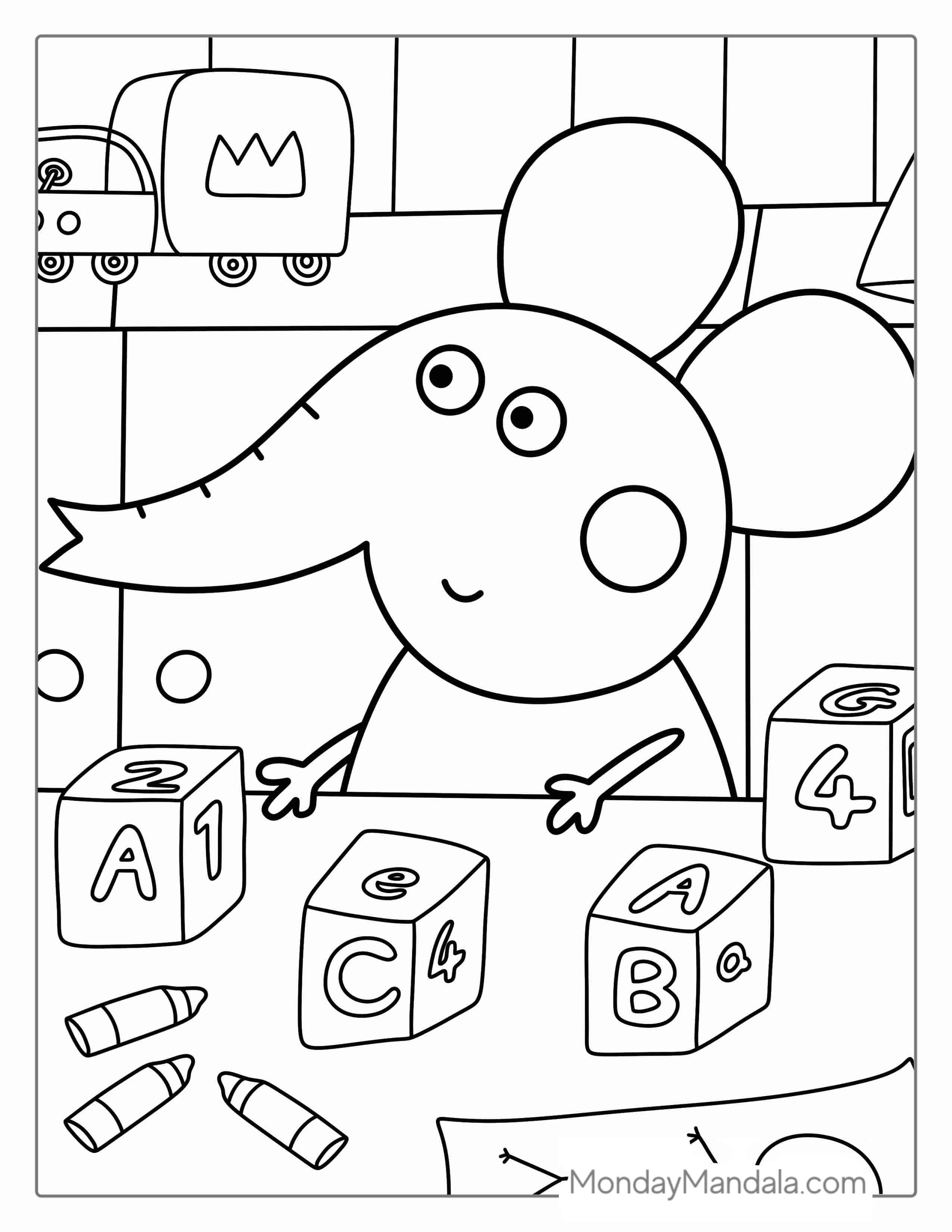 Emily The Elephant Playing With Wood Blocks coloring page — printable line art