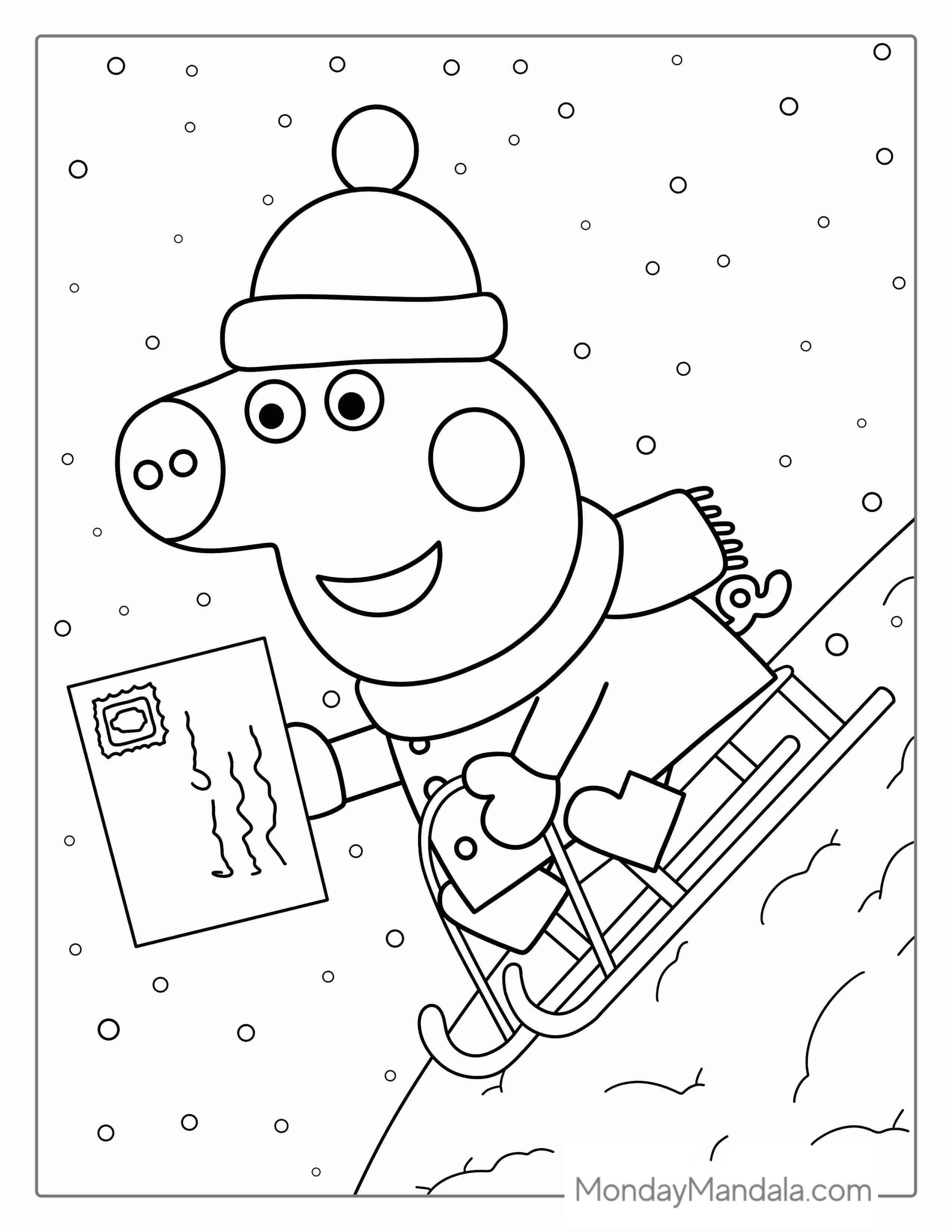 George Pig Riding Sleigh In Winter To Color coloring page