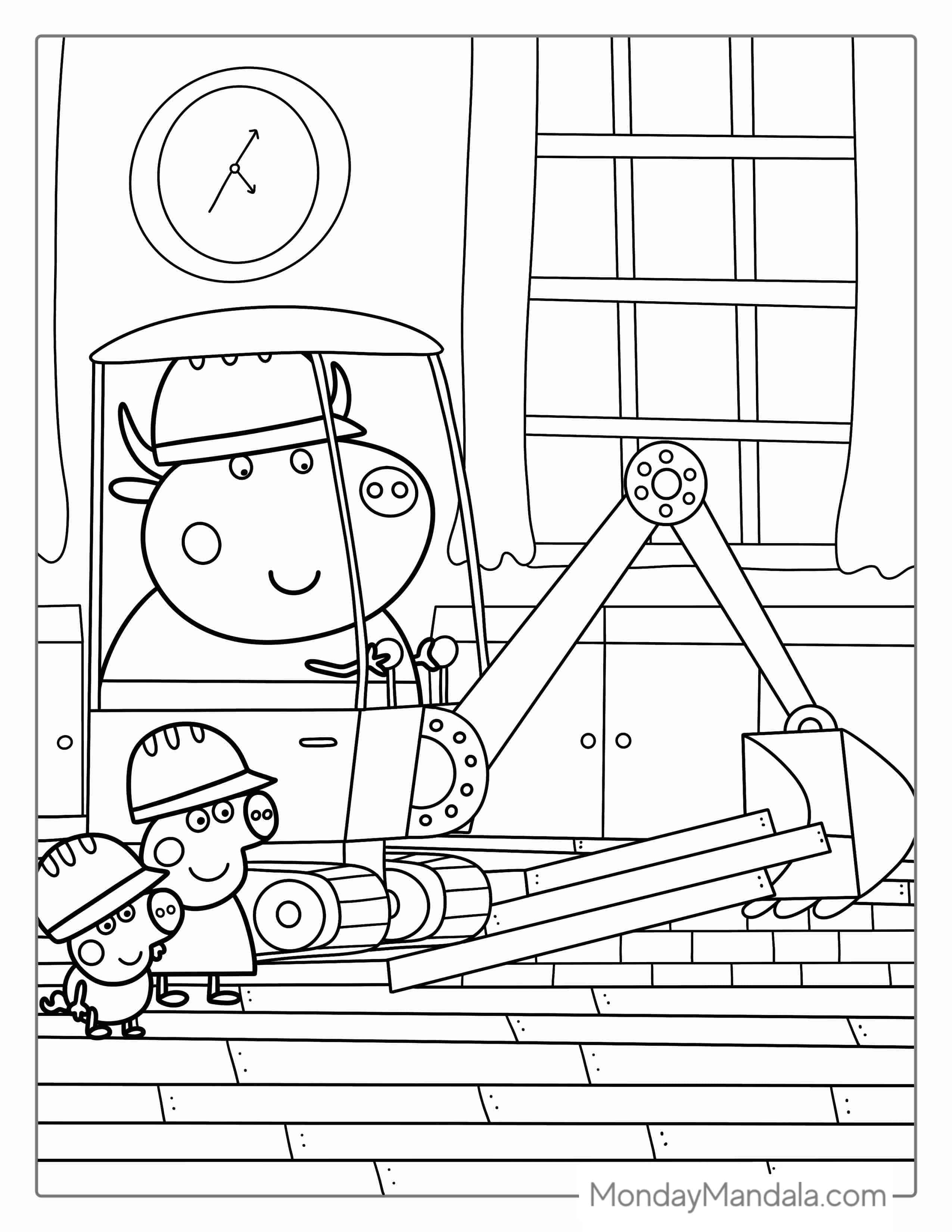 Mr Bull In Digger Being Helped By Peppa And George coloring page — printable line art