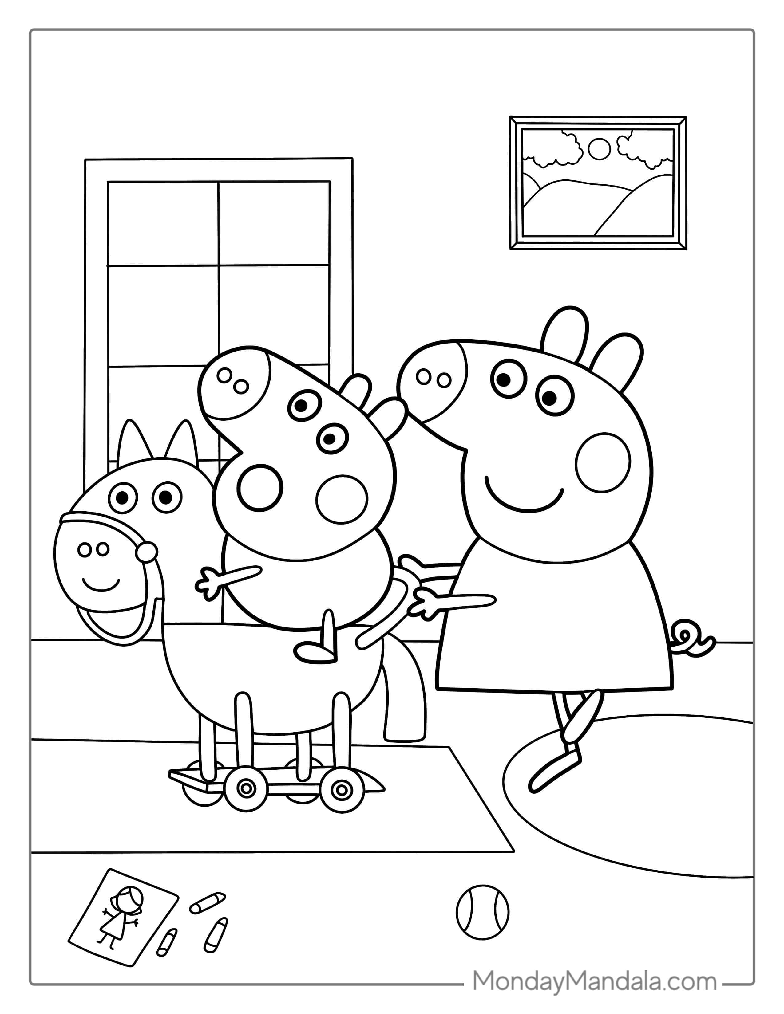 Peppa And George Playing Together On Toy Horse coloring page