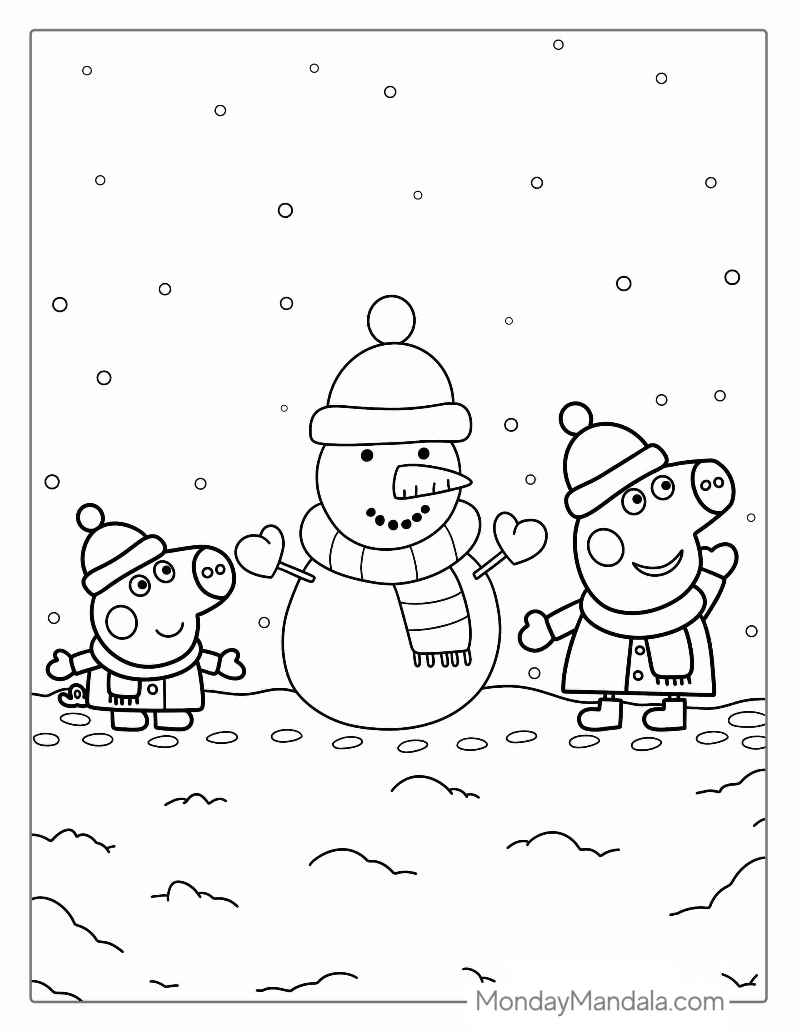 Peppa And George With Snowman Coloring Sheet coloring page — printable line art