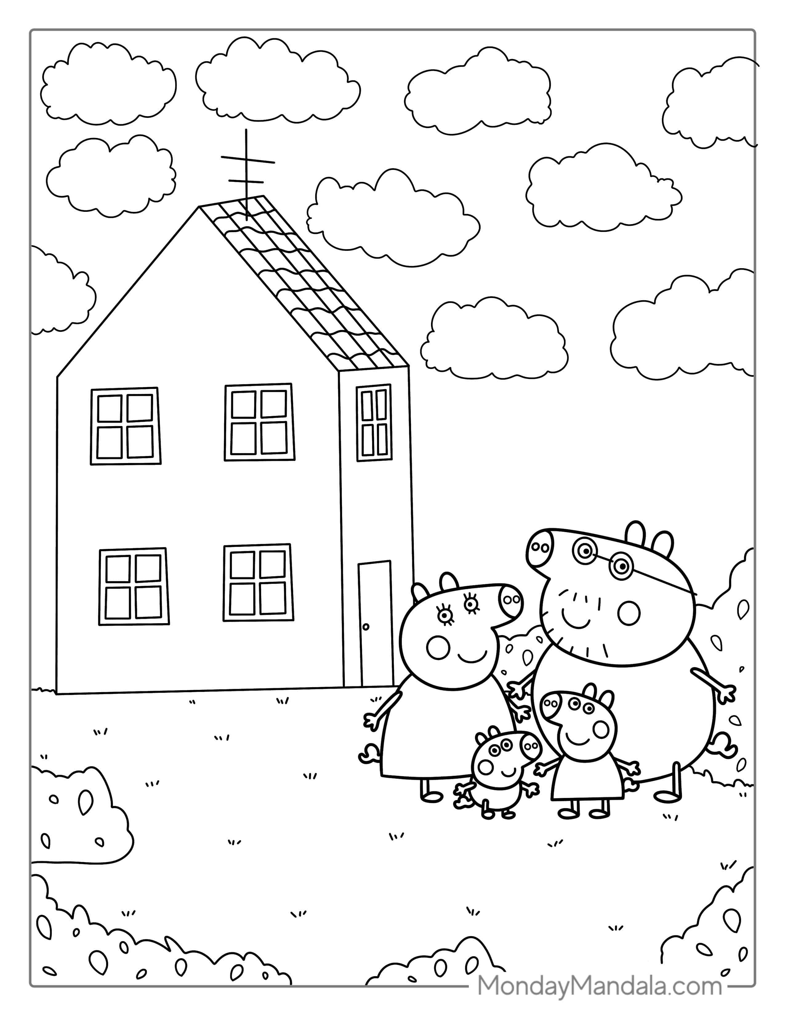 Peppa, Mummy, Daddy, And George Pig With House coloring page