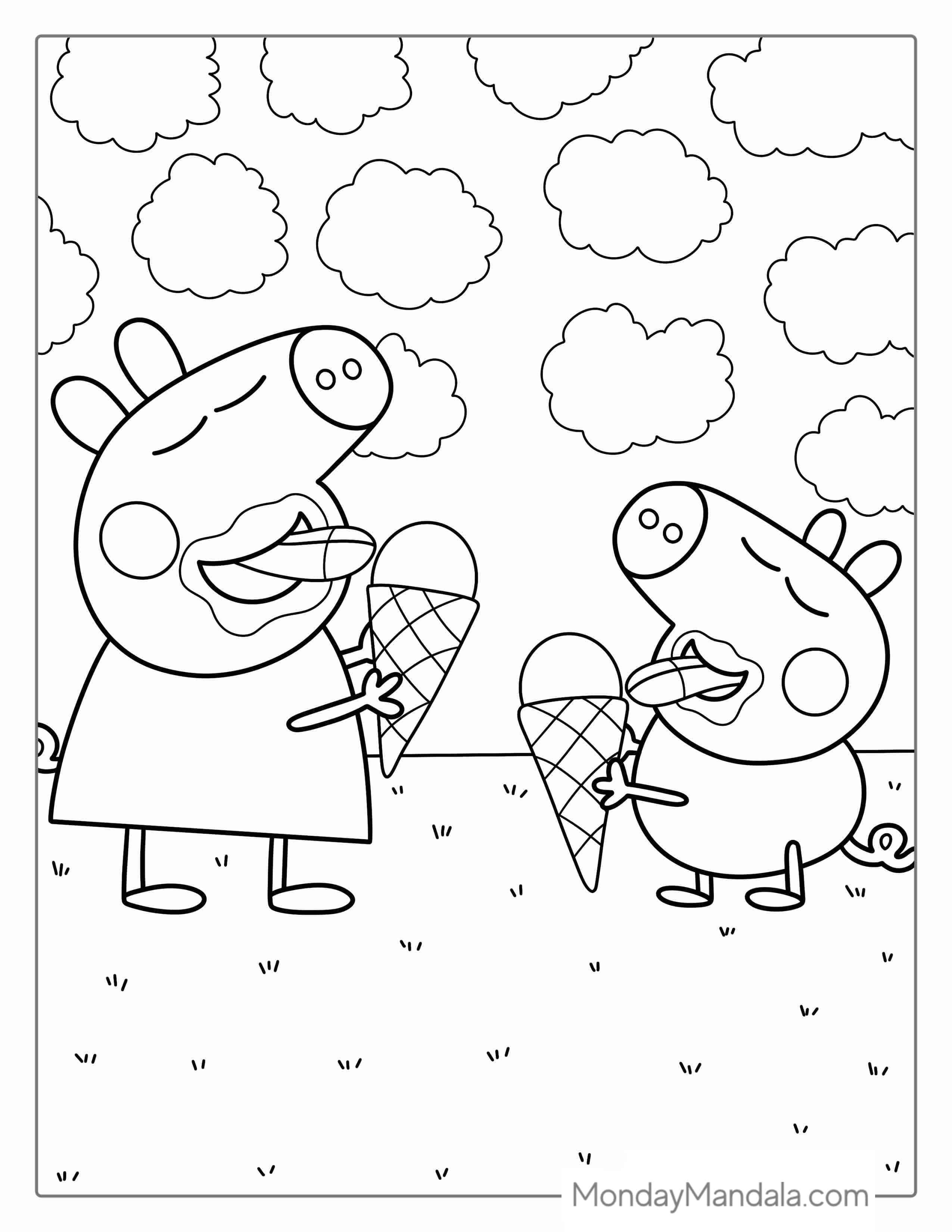 Peppa Pig And George Eating Ice Cream To Color coloring page — printable line art