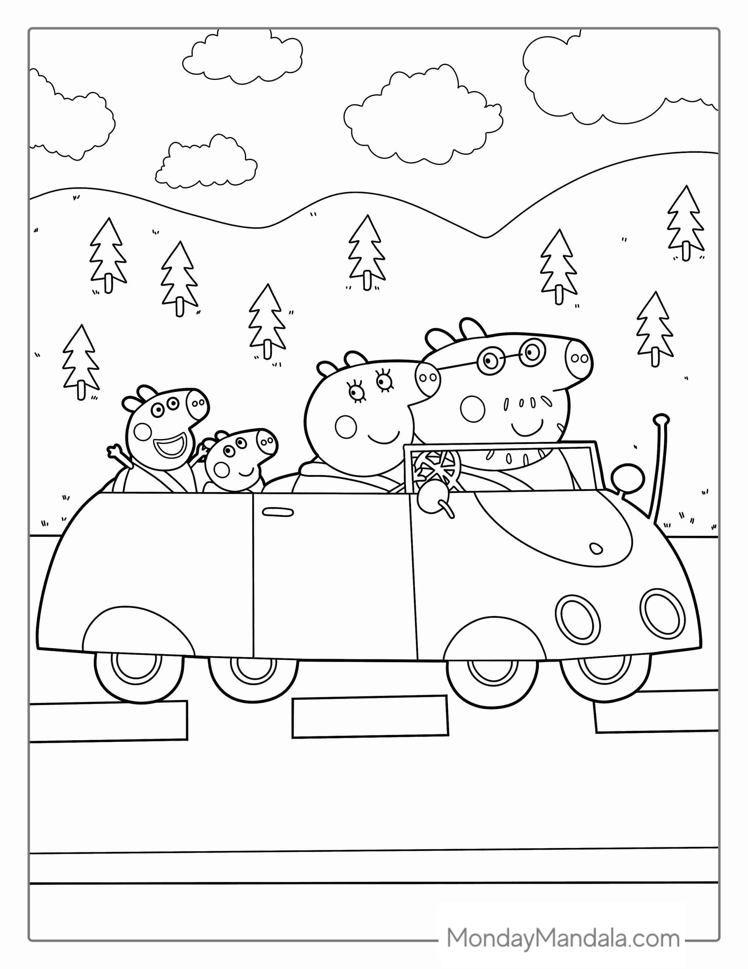 Peppa Pig Family Driving In Car Coloring Page coloring page — printable line art