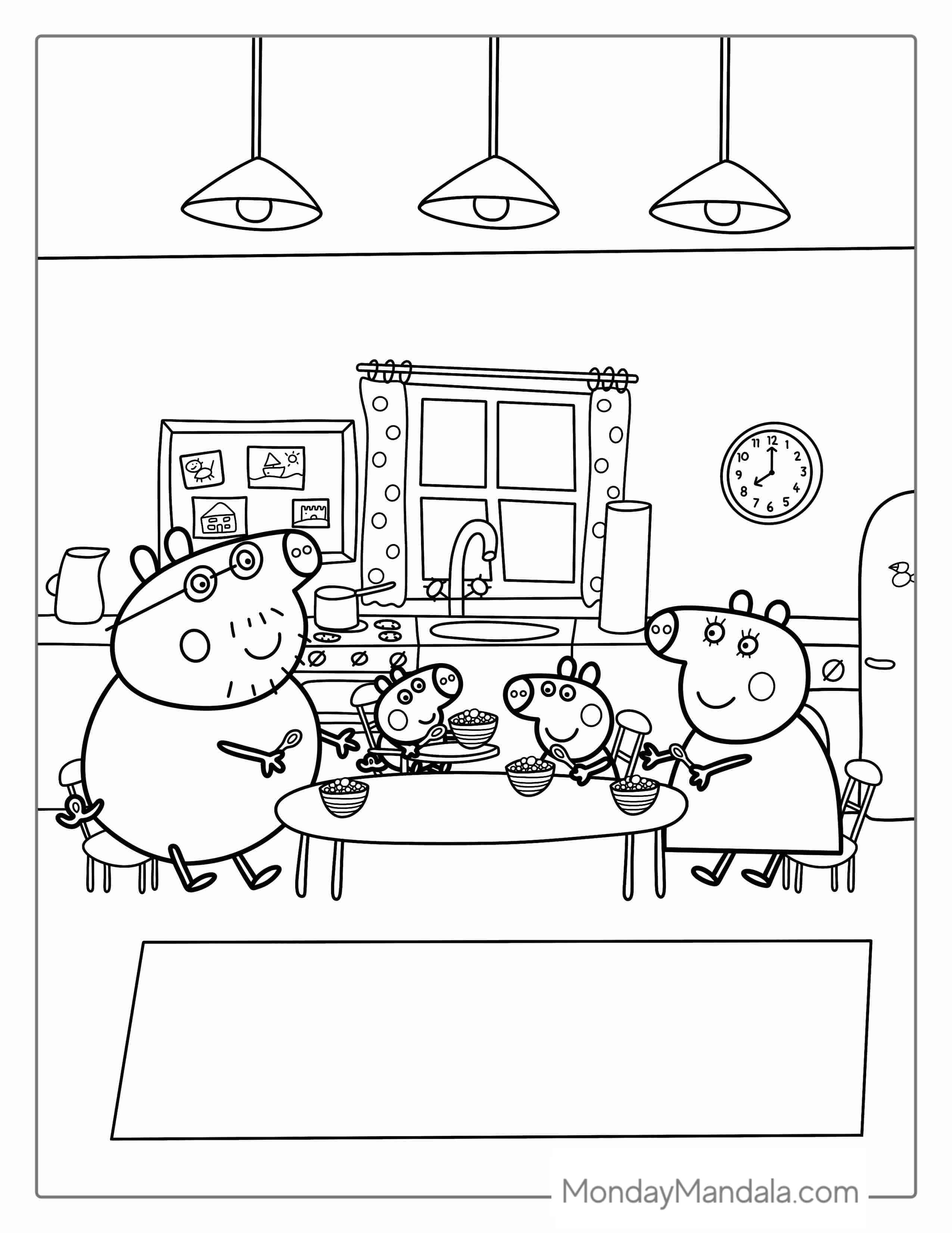 Peppa Pig Family Eating Dinner At Table Coloring coloring page — printable line art