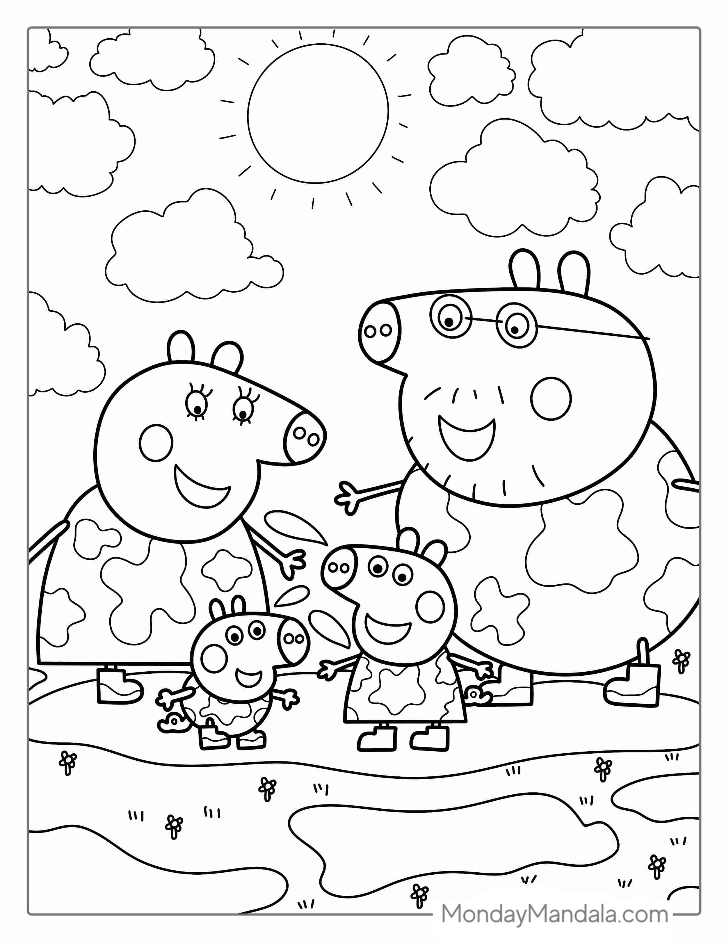 Peppa Pig Family Jumping In Mud Coloring Page coloring page