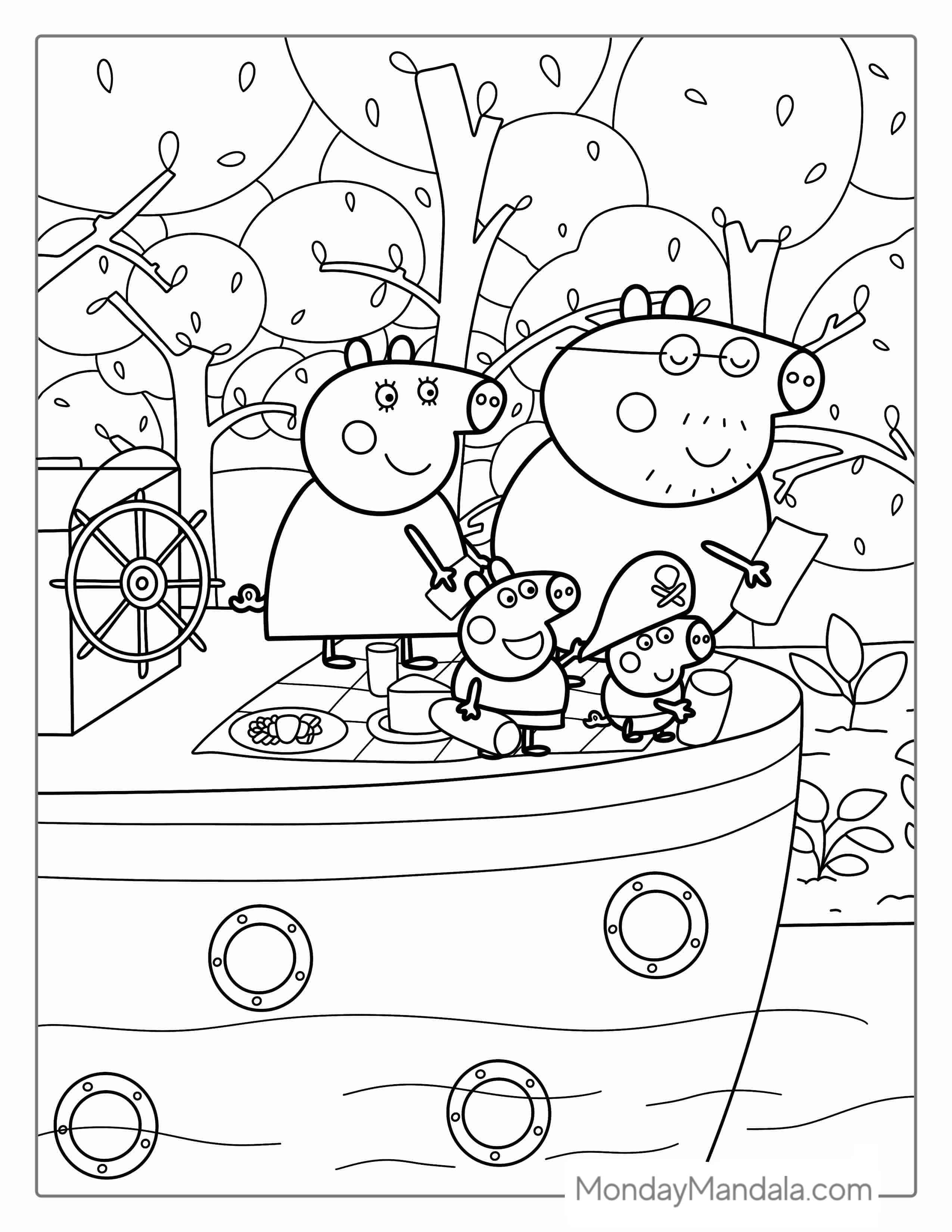 Peppa Pig Family On River Boat coloring page — printable line art