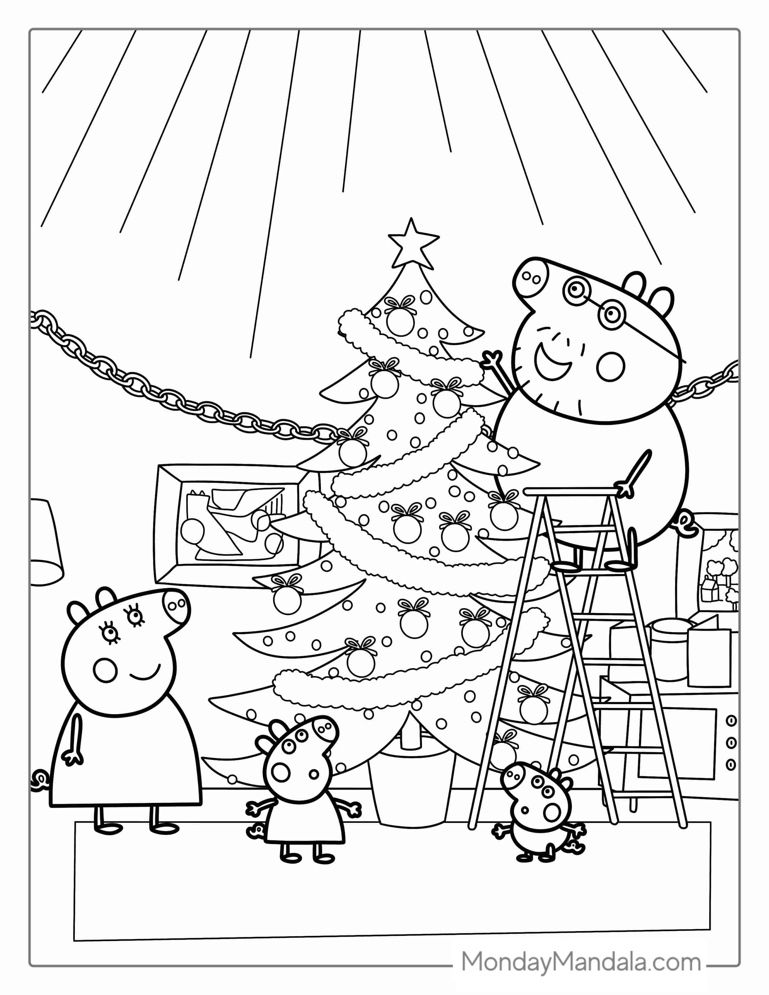 Peppa Pig Family Setting Up Christmas Tree coloring page — printable line art