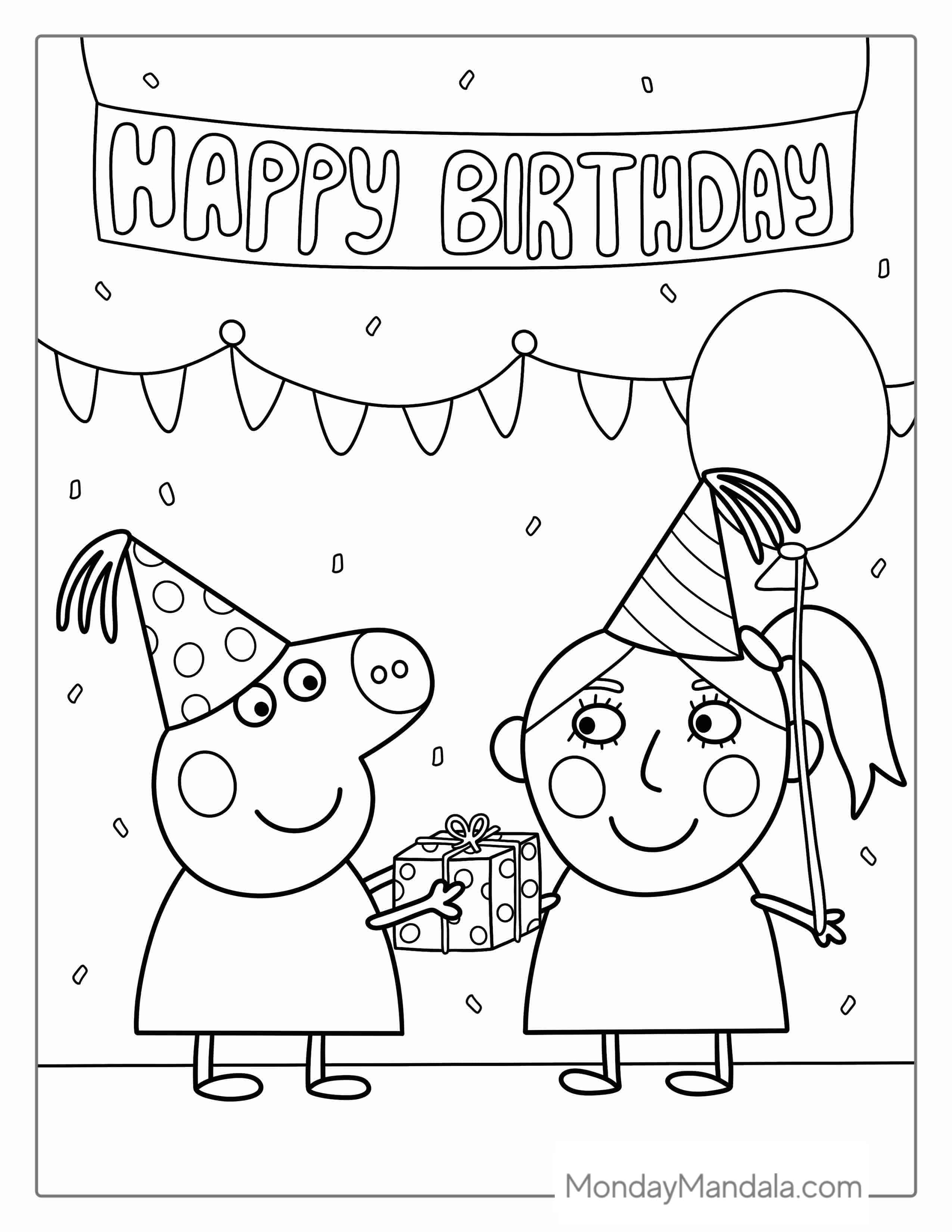 Peppa Pig Happy Birthday Coloring Sheet For Kids coloring page — printable line art