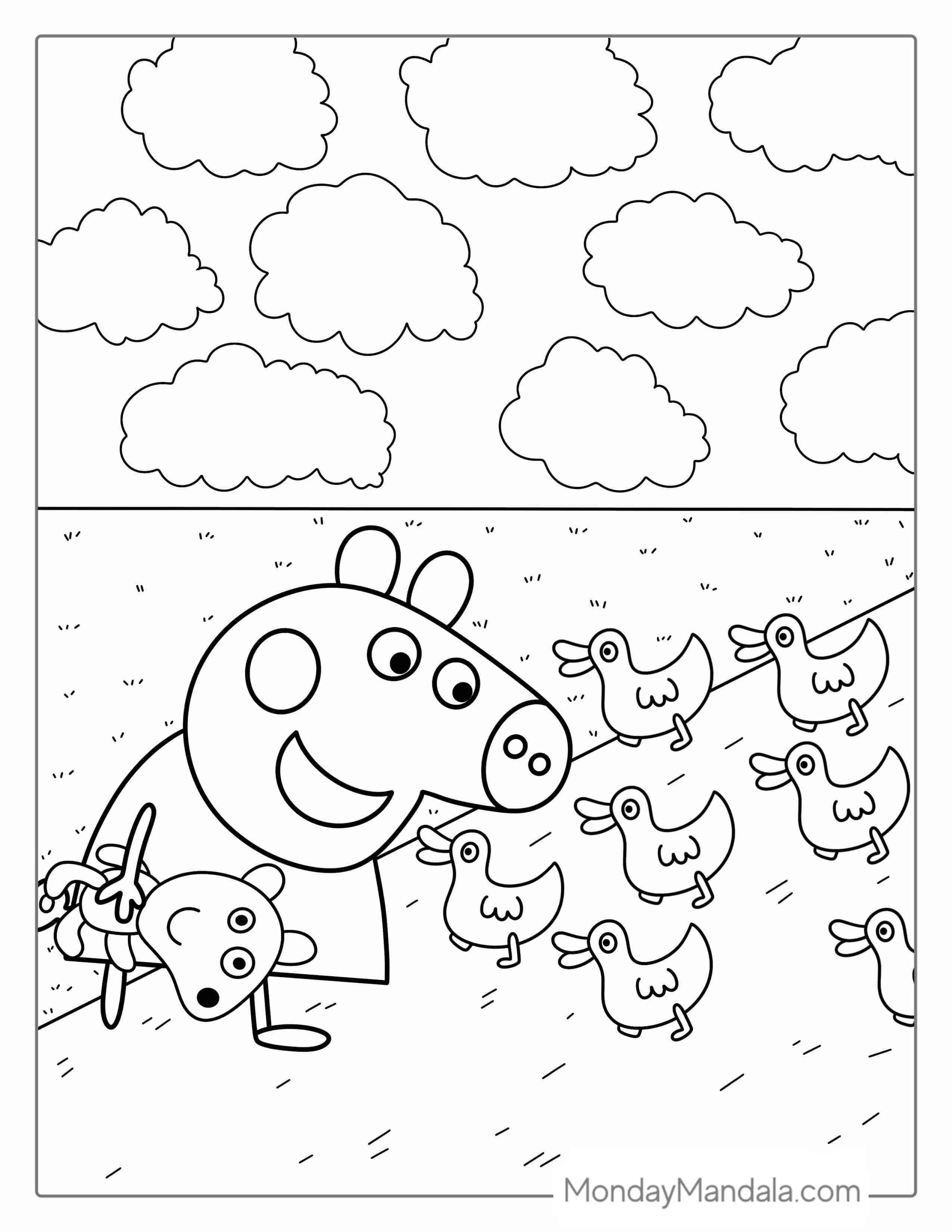 Peppa Pig Helping Baby Ducklings Coloring coloring page — printable line art