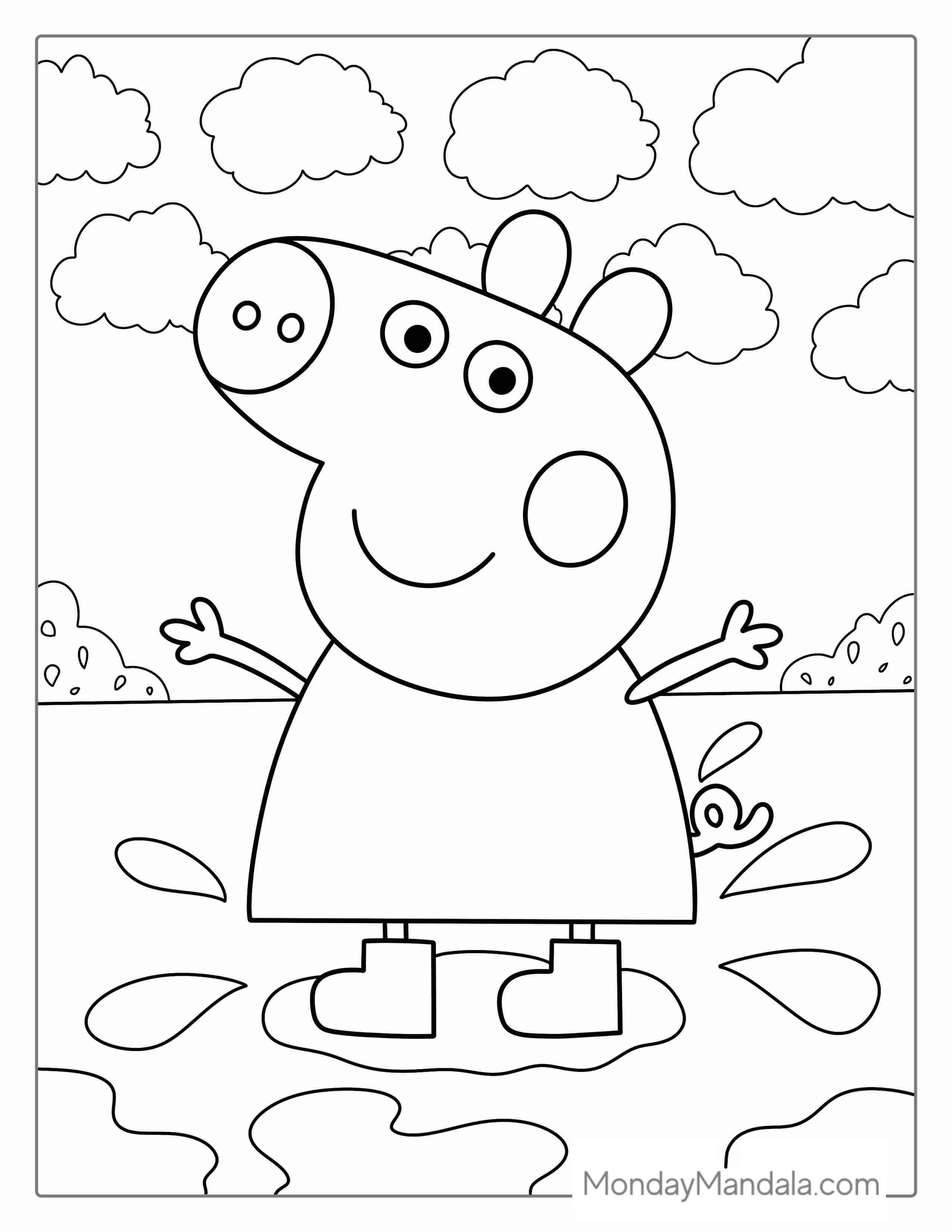 Peppa Pig Jumping In Puddle coloring page — printable line art