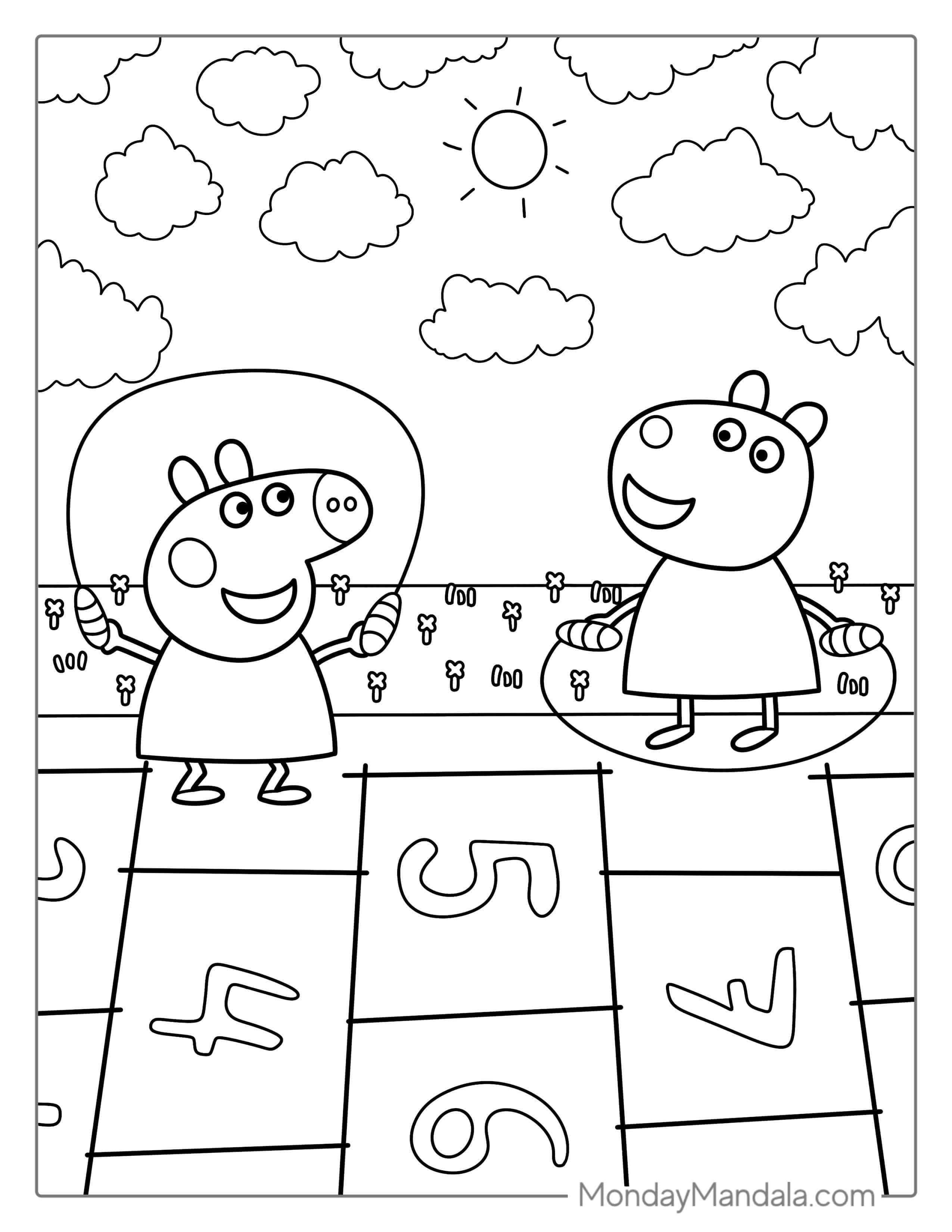 Peppa Pig Playing With Friend Outside coloring page — printable line art