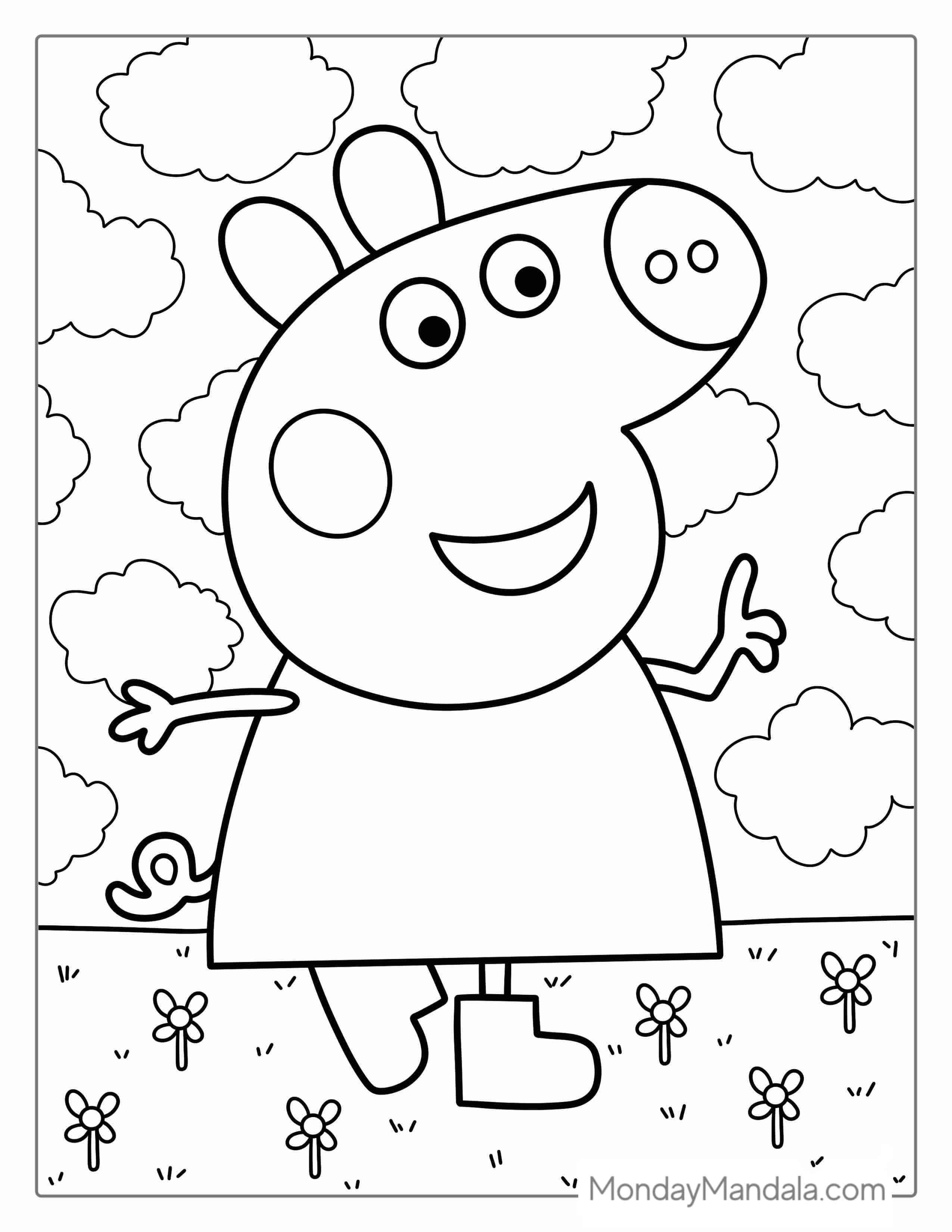 Peppa Pig Walking In Field With Flowers coloring page