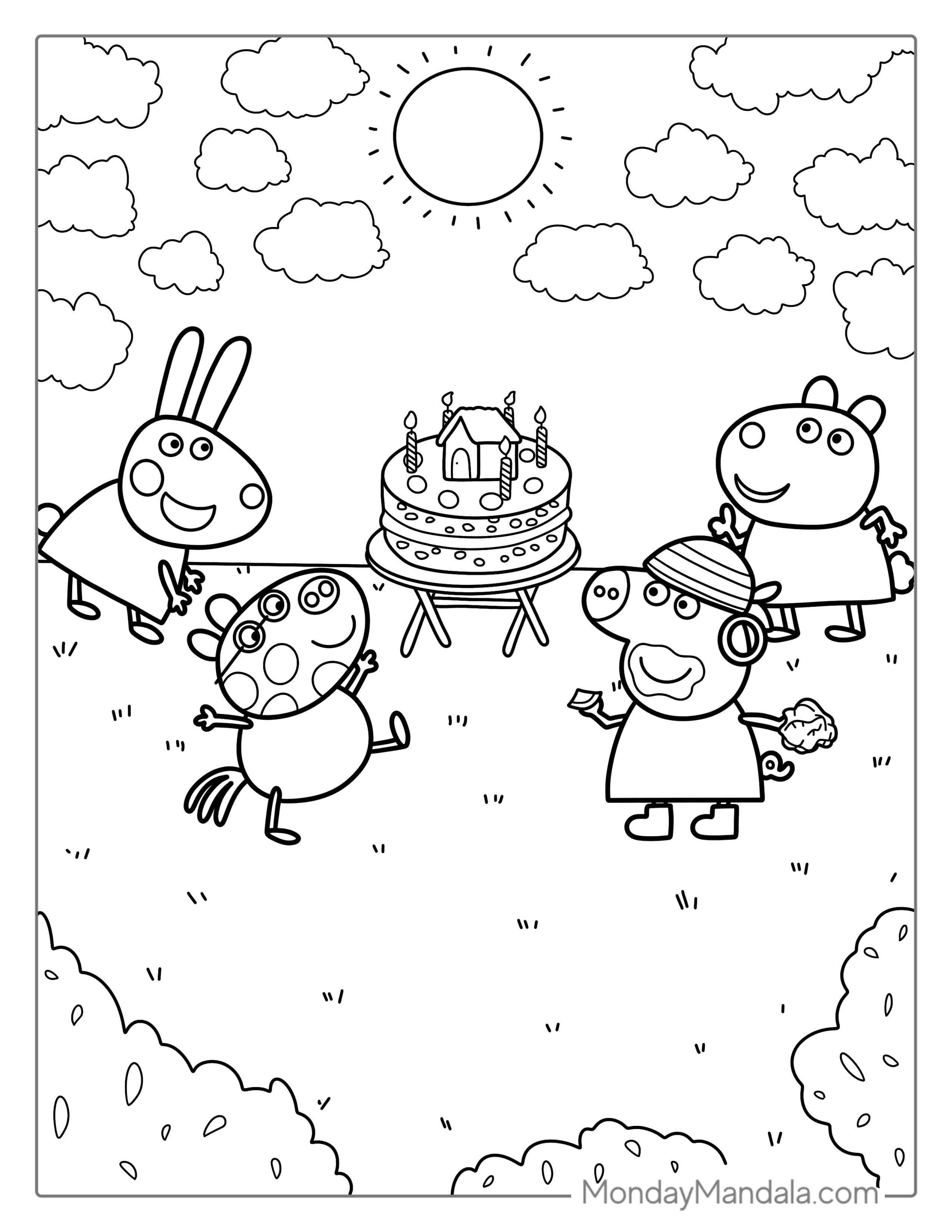Peppa Pig With Friends At Birthday Party coloring page — printable line art