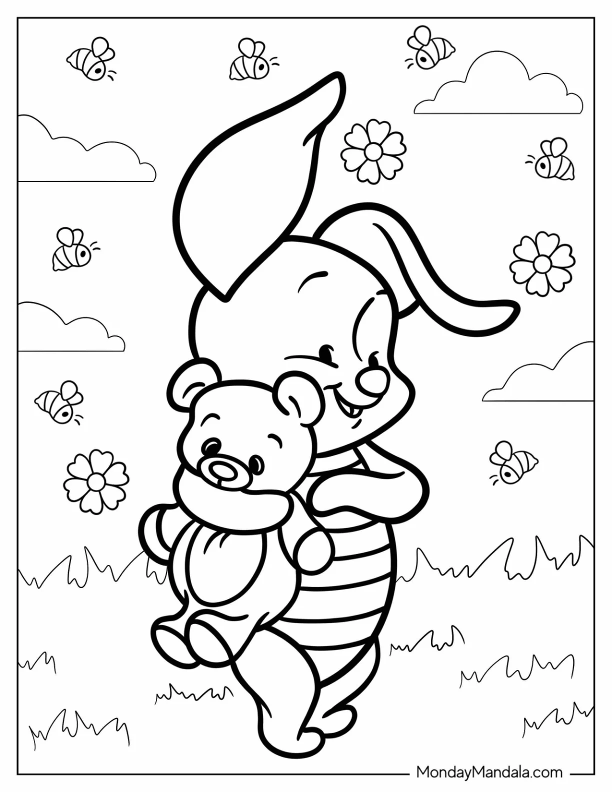 Baby Piglet Coloring Page Holding A Teddy Bear For Preschoolers coloring page