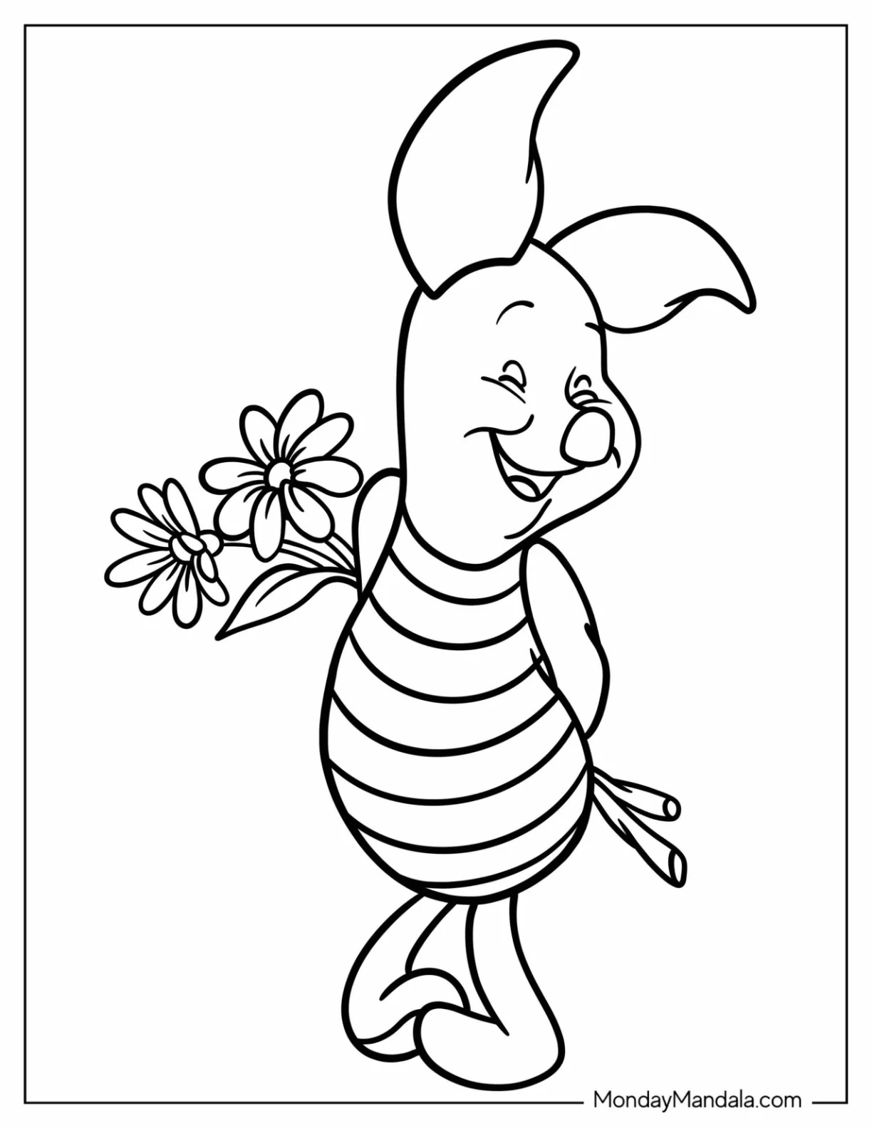 Easy Piglet Coloring Page Holding Flowers For Kids coloring page