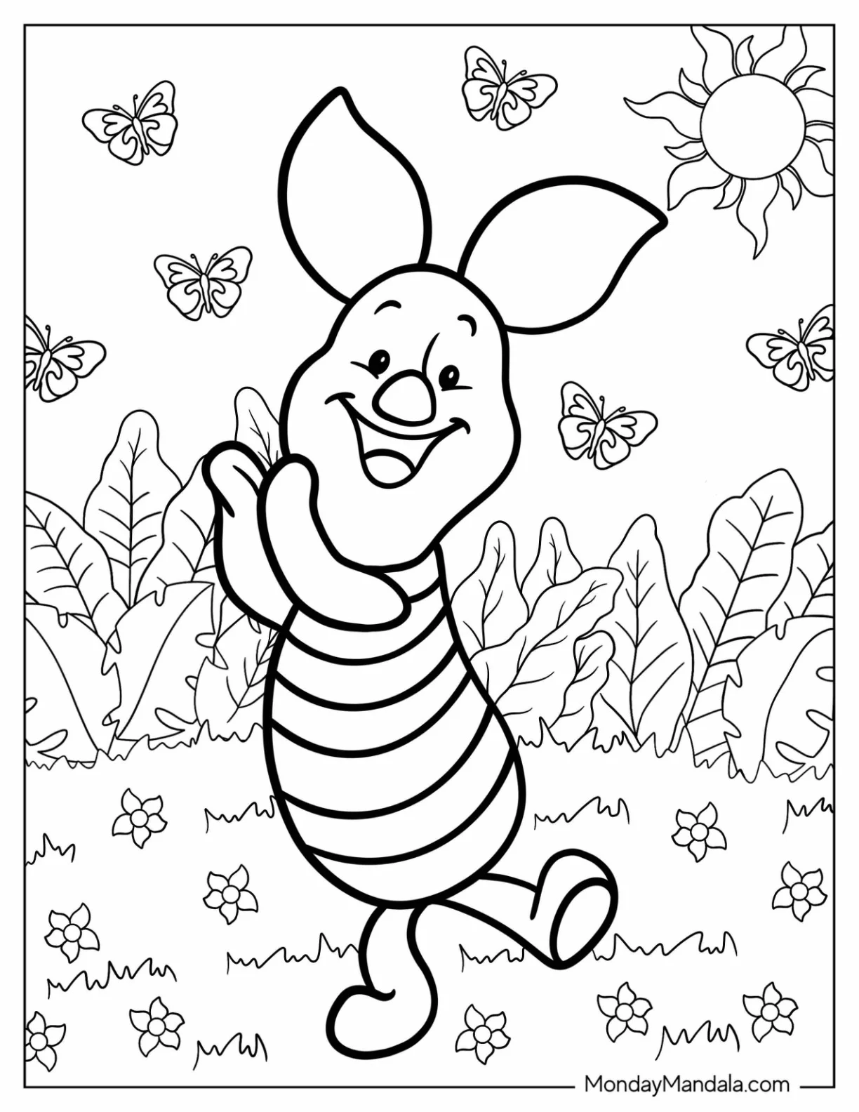 Happy Piglet Coloring Page Dancing In The Garden With Butterflies coloring page
