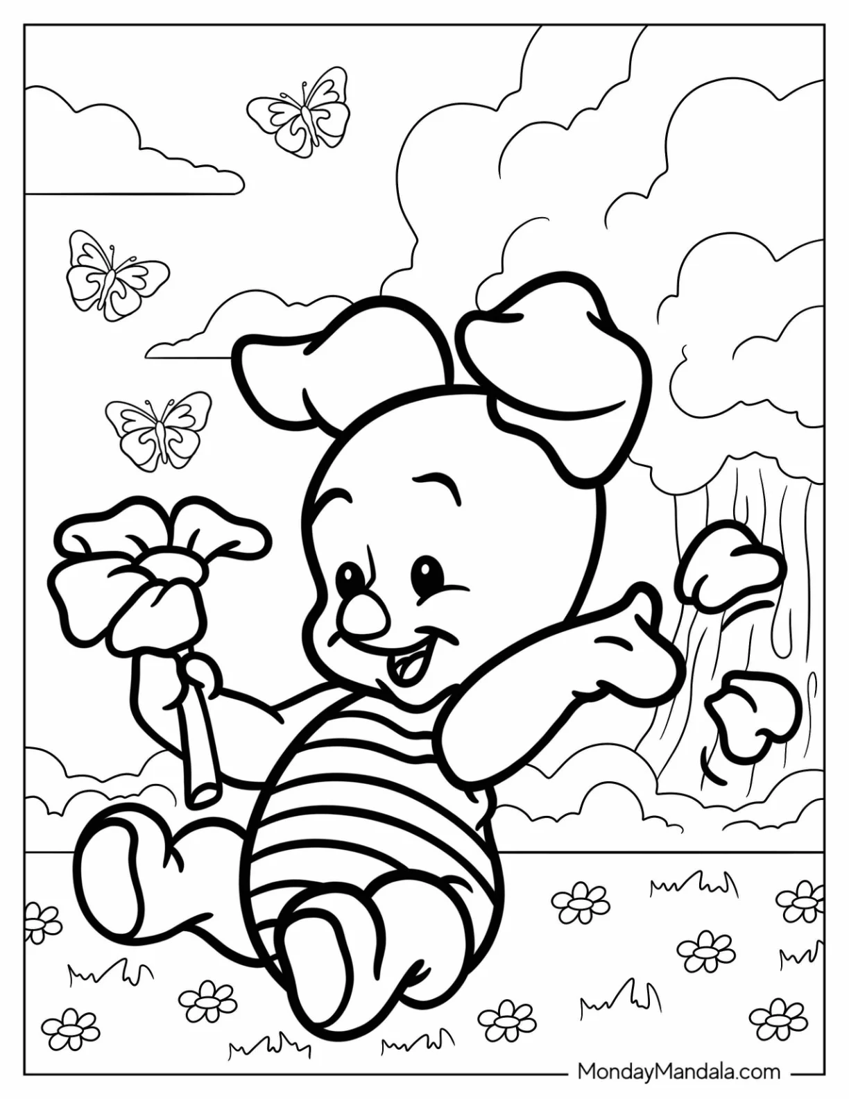 Kawaii Piglet Coloring Page Picking Petals For Preschoolers coloring page